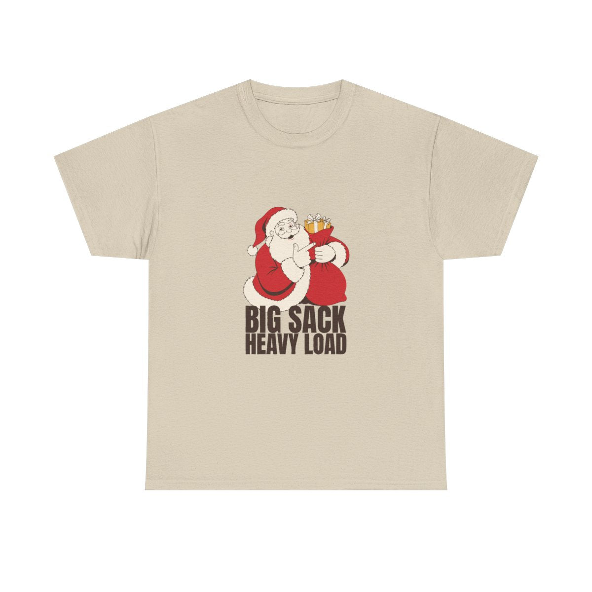 Big Sack Heavy Load Funny Santa White Elephant Gift T-Shirt in Sand – front