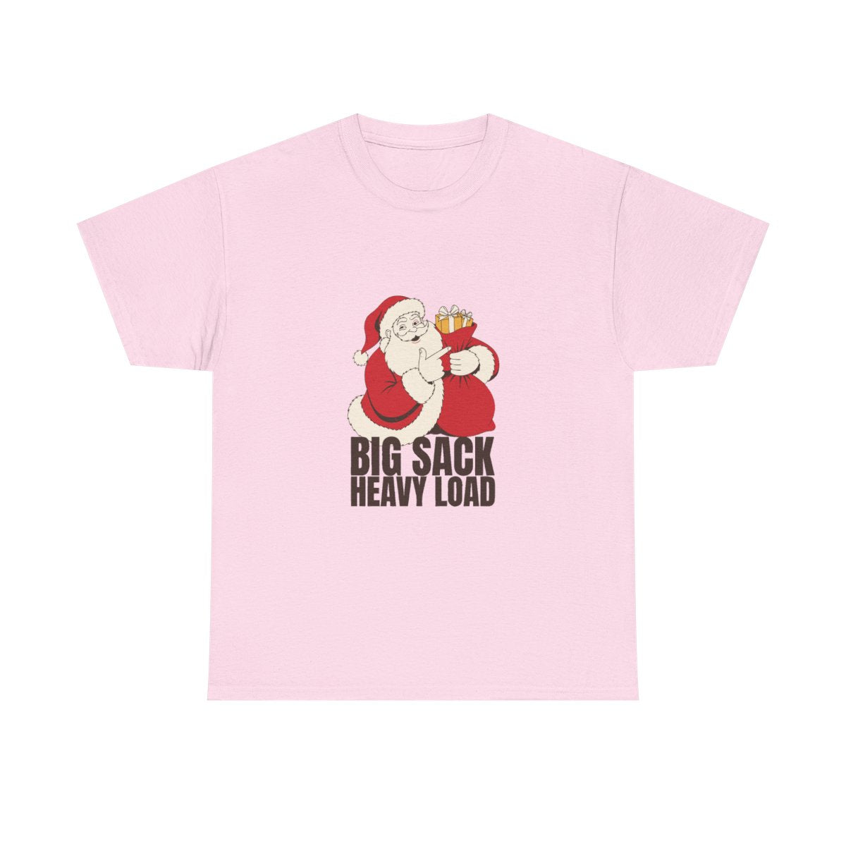 Big Sack Heavy Load Funny Santa White Elephant Gift T-Shirt in Light Pink – front