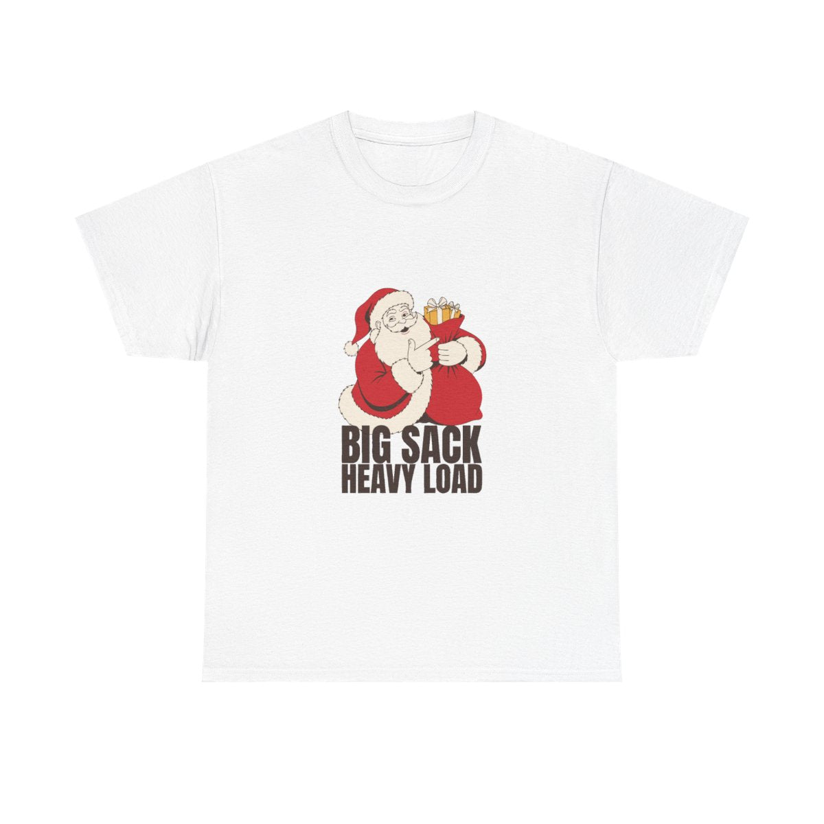 Big Sack Heavy Load Funny Santa White Elephant Gift T-Shirt in White – front