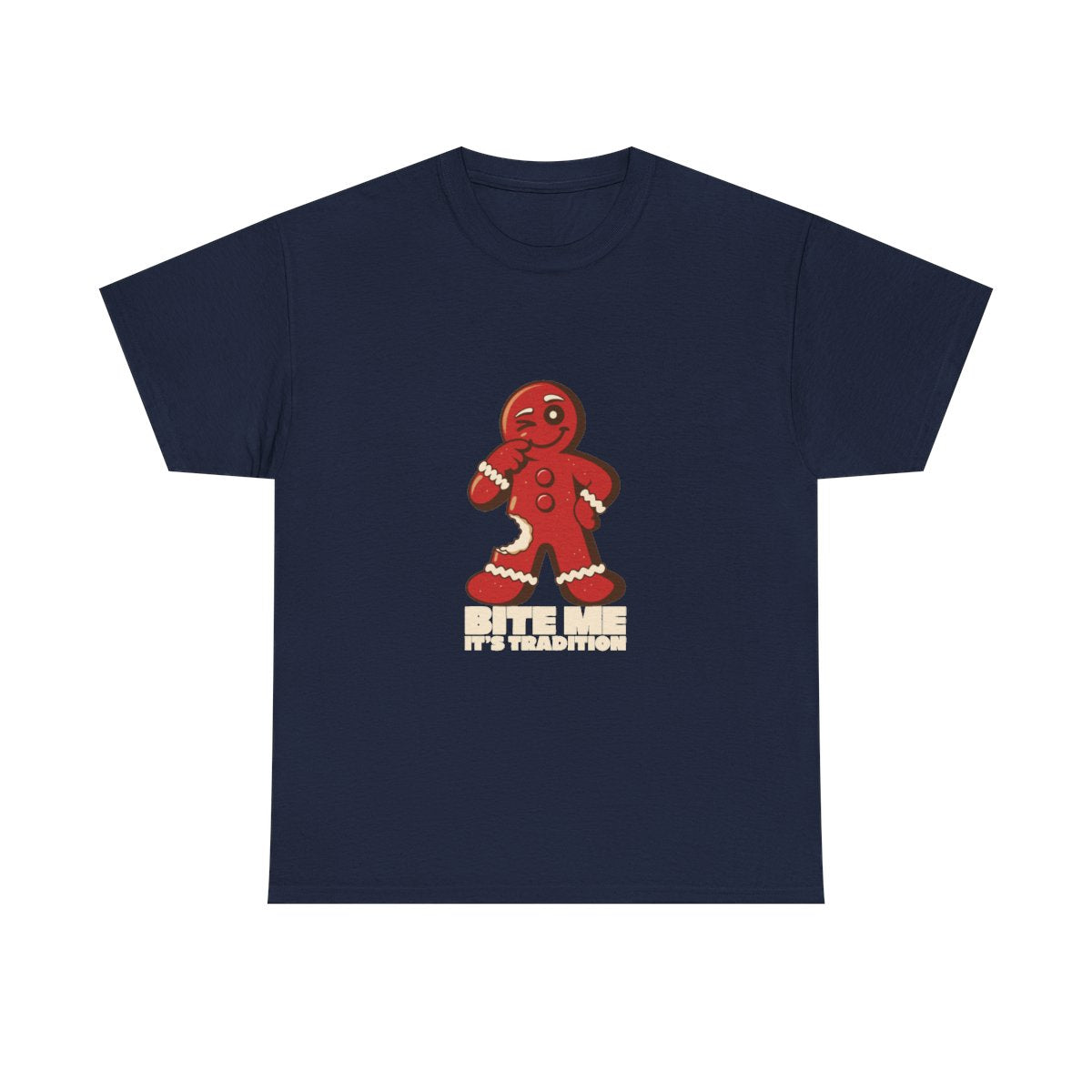 Bite Me It's Tradition Funny Gingerbread Christmas T-Shirt in Navy – front