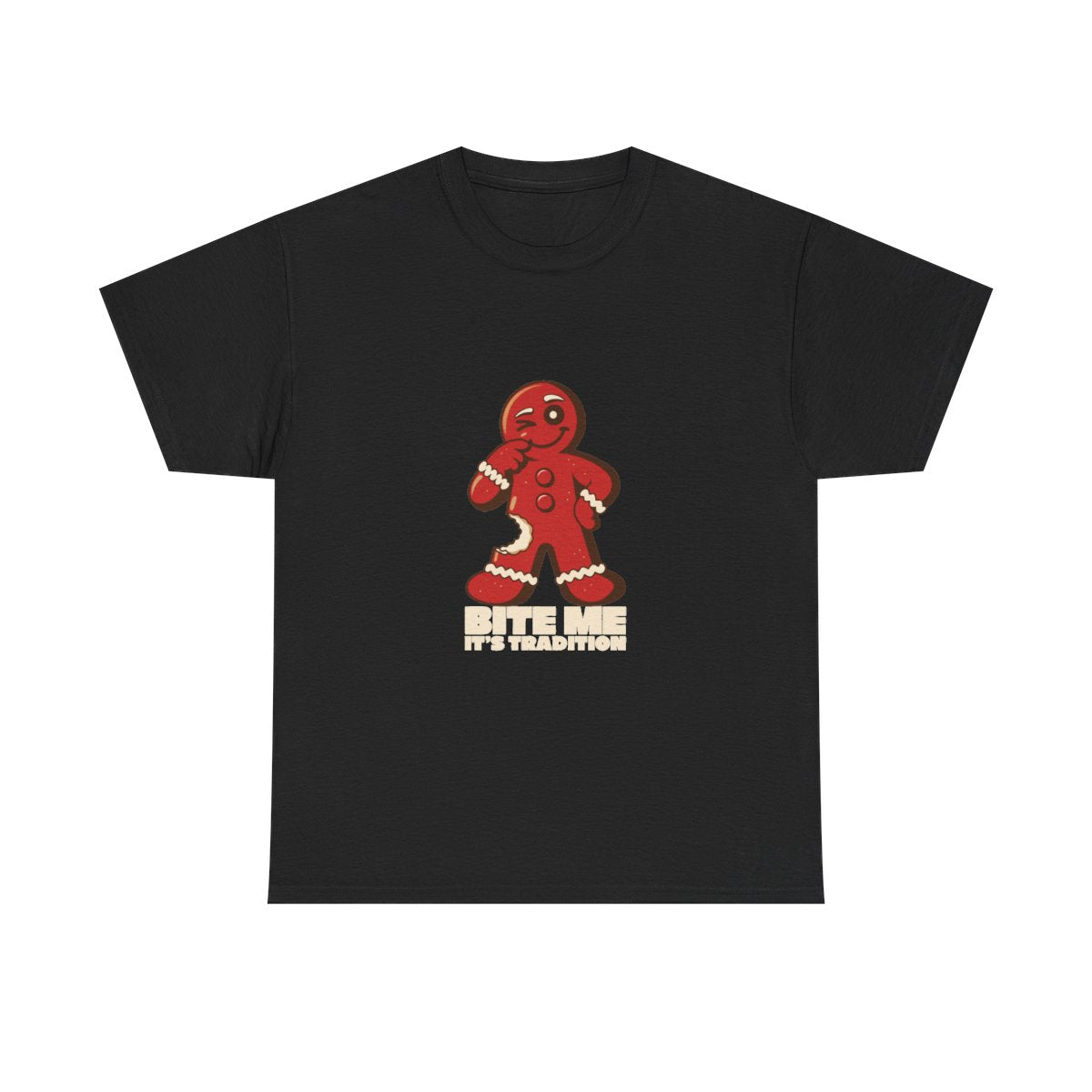Bite Me It's Tradition Funny Gingerbread Christmas T-Shirt in Black – front