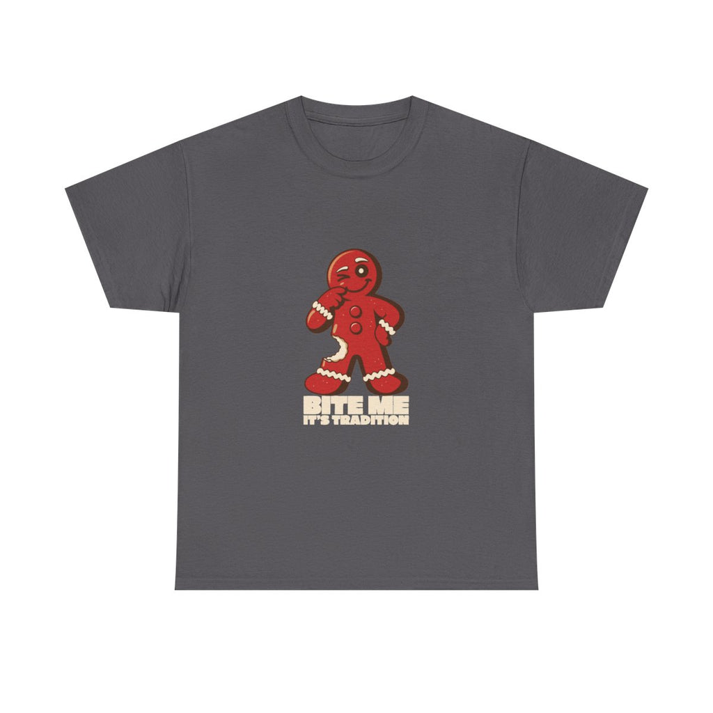 Bite Me It's Tradition Funny Gingerbread Christmas T-Shirt in Charcoal – front