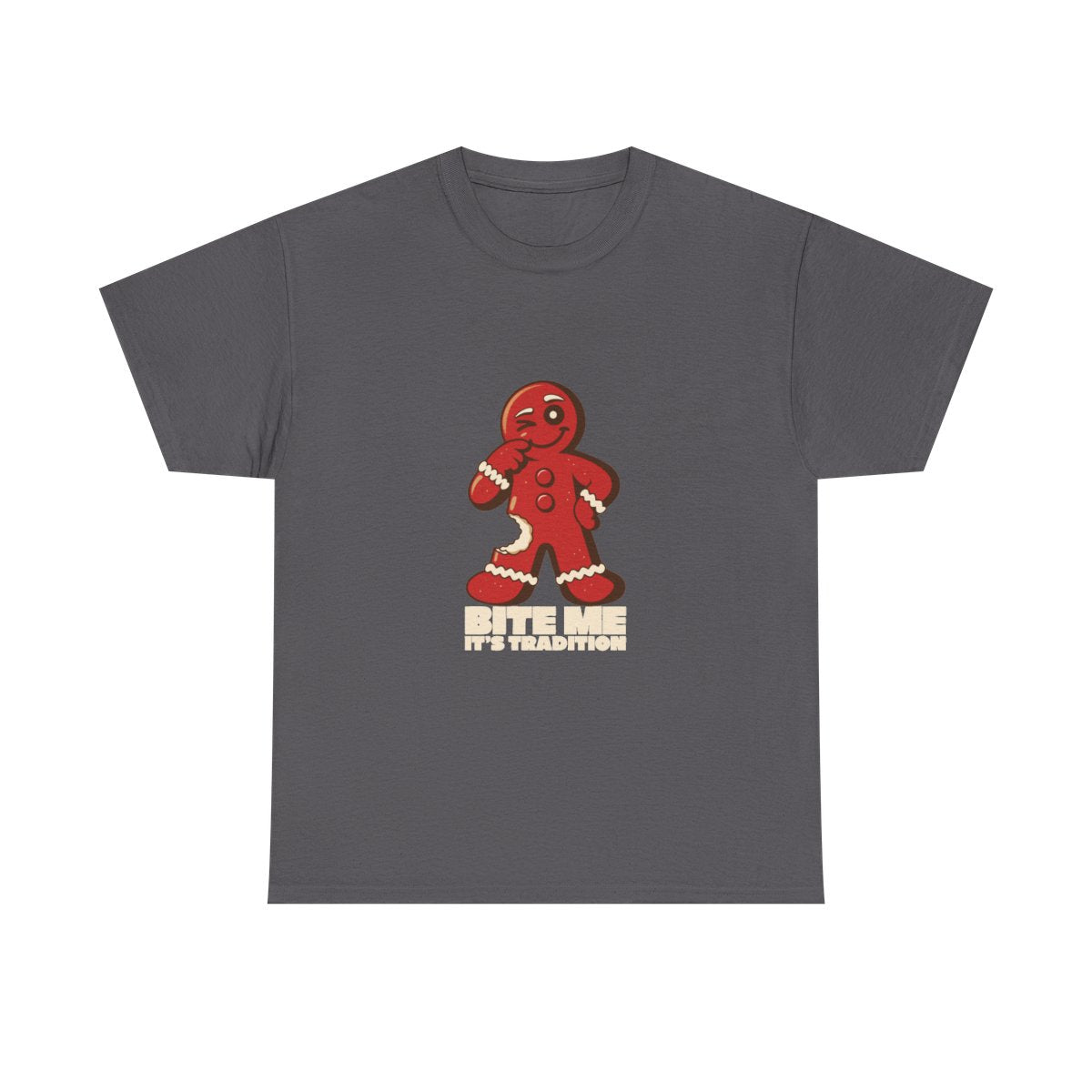 Bite Me It's Tradition Funny Gingerbread Christmas T-Shirt in Charcoal – front