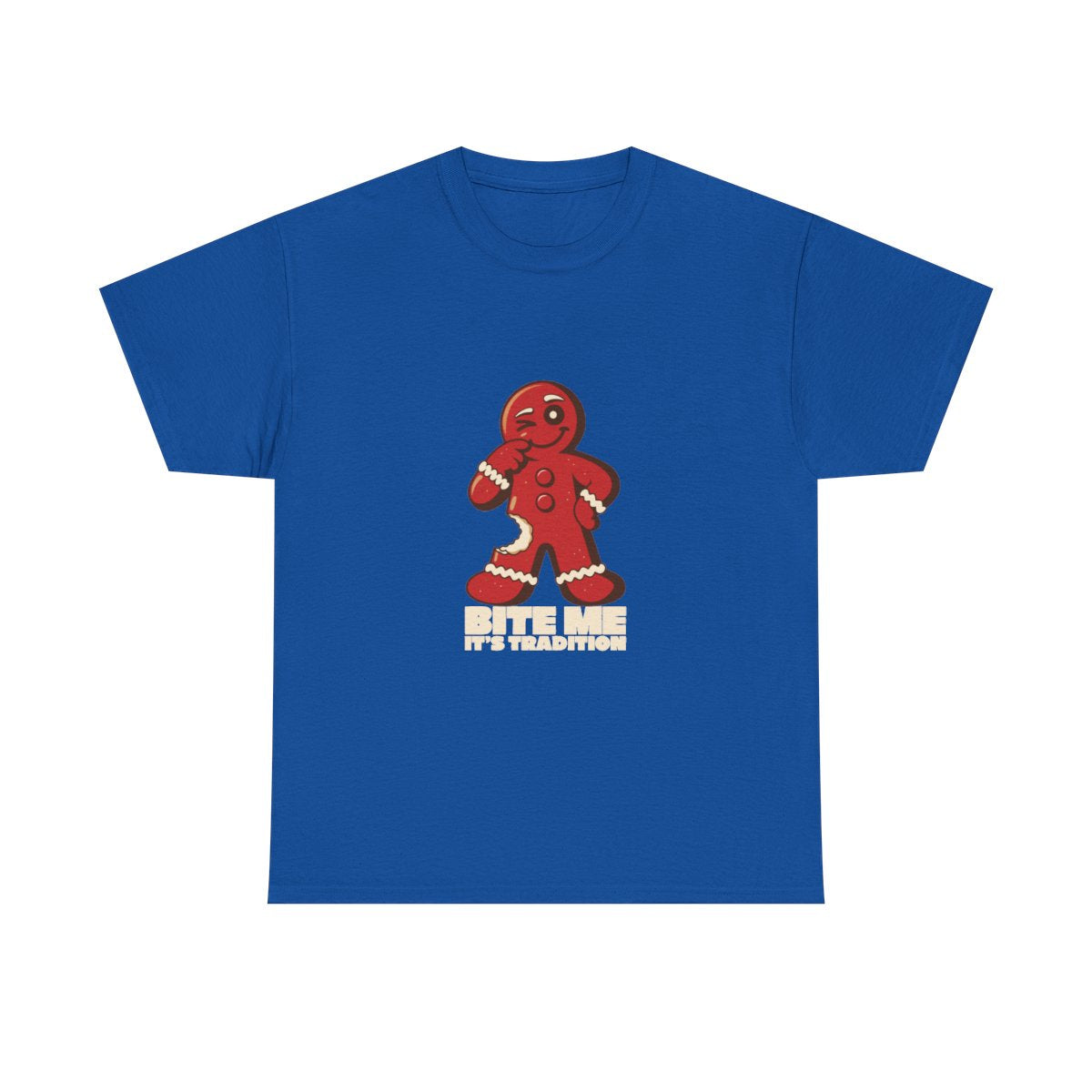 Bite Me It's Tradition Funny Gingerbread Christmas T-Shirt in Royal – front