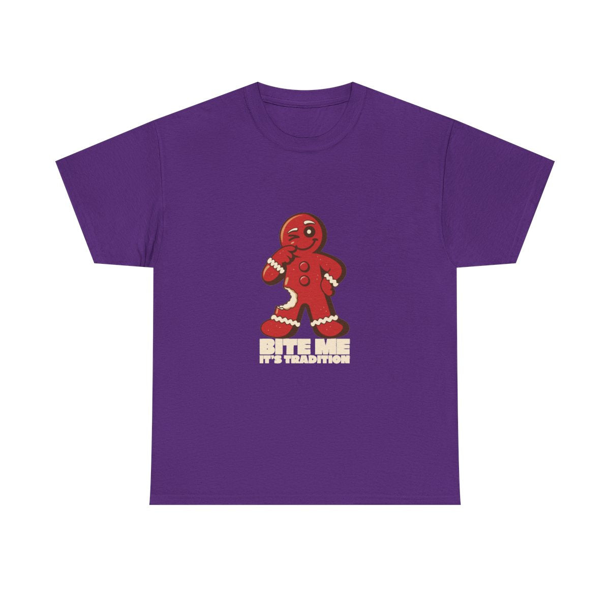 Bite Me It's Tradition Funny Gingerbread Christmas T-Shirt in Purple – front