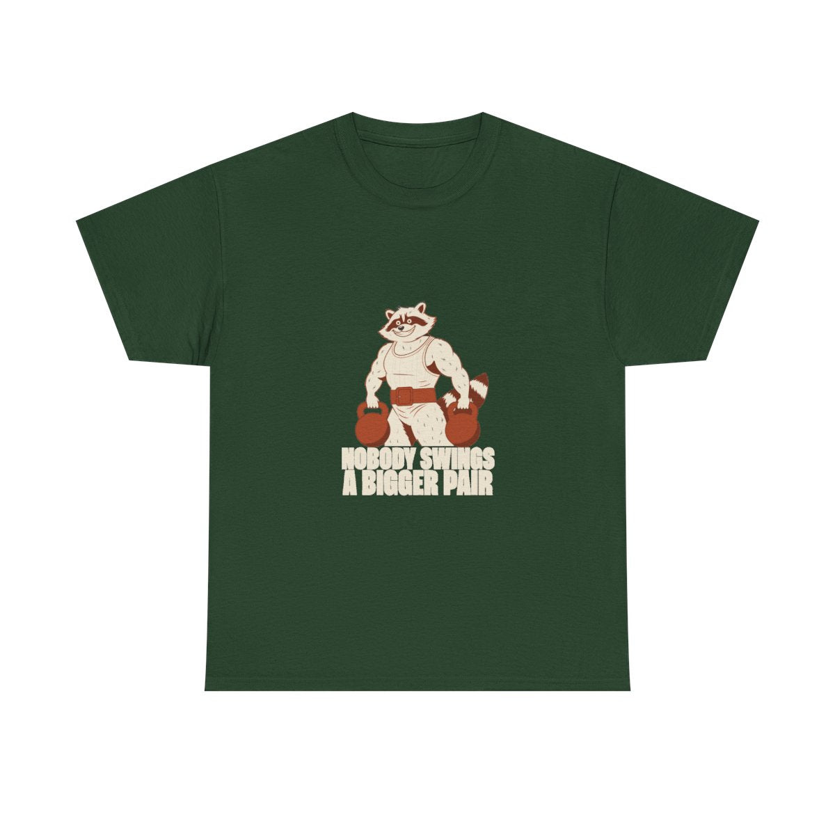 Bulking Season Kettlebell Raccoon Funny Gym Humor T-Shirt in Forest Green – front