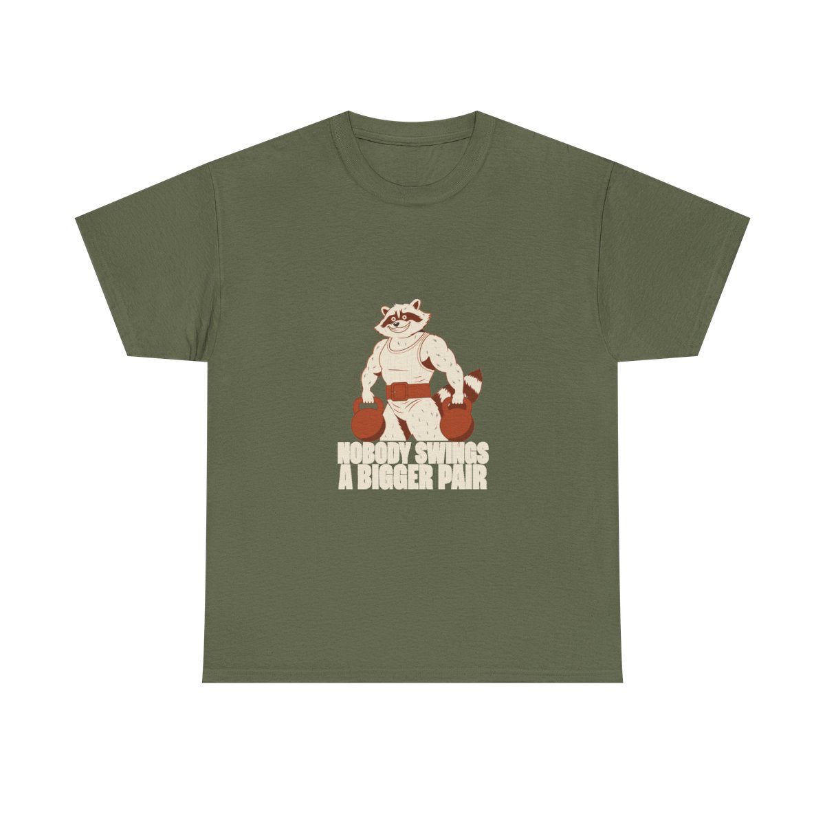 Bulking Season Kettlebell Raccoon Funny Gym Humor T-Shirt in Military Green – front