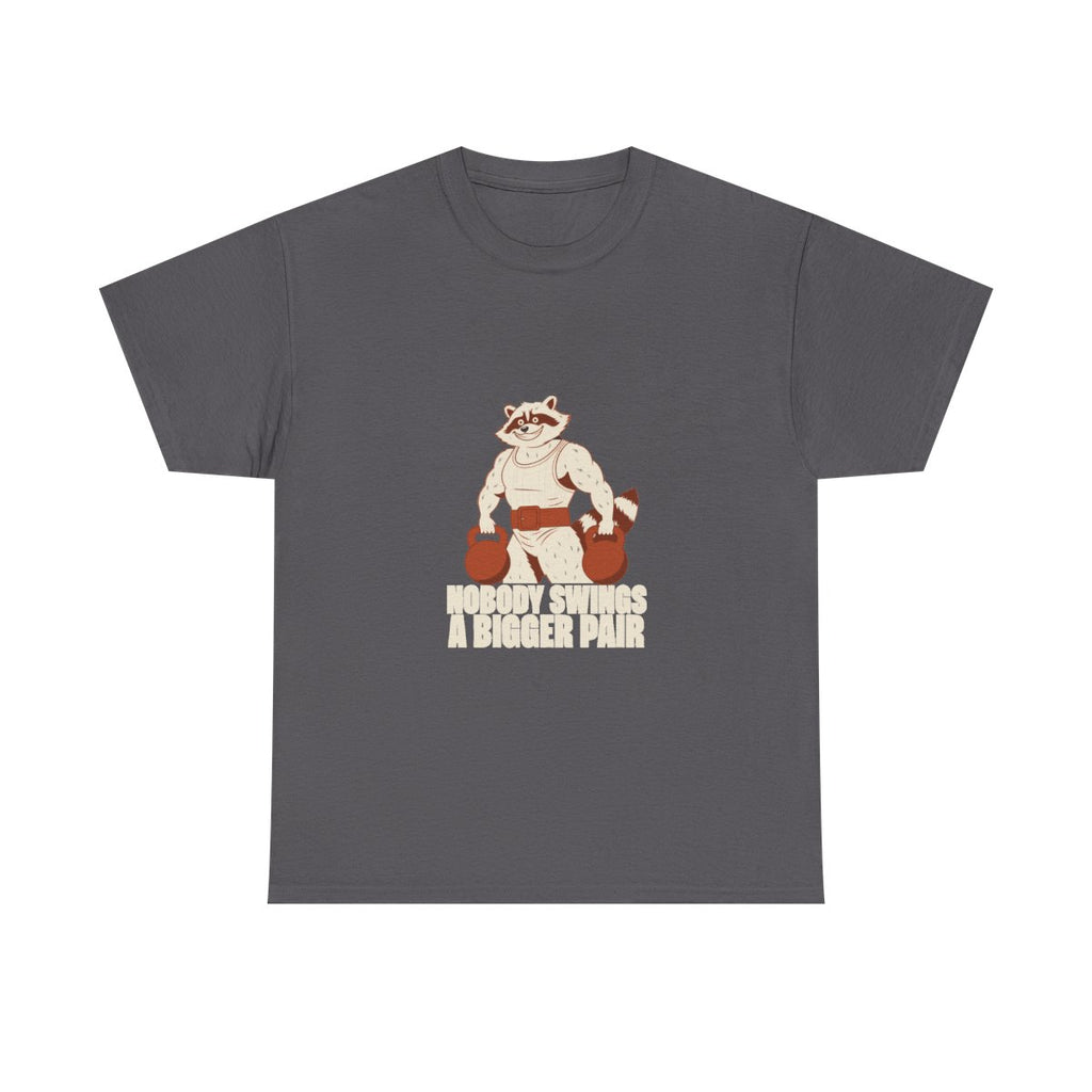 Bulking Season Kettlebell Raccoon Funny Gym Humor T-Shirt in Charcoal – front