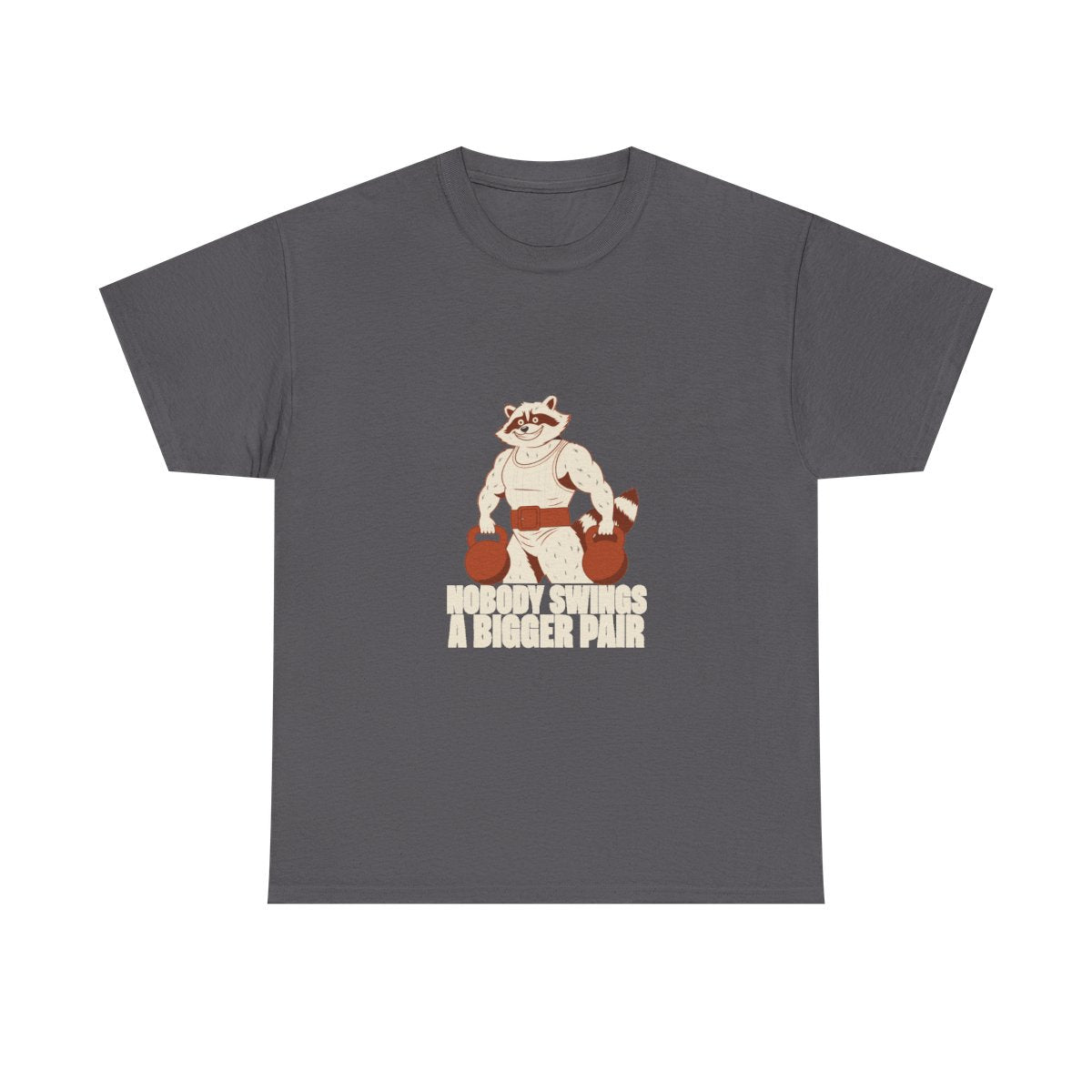 Bulking Season Kettlebell Raccoon Funny Gym Humor T-Shirt in Charcoal – front