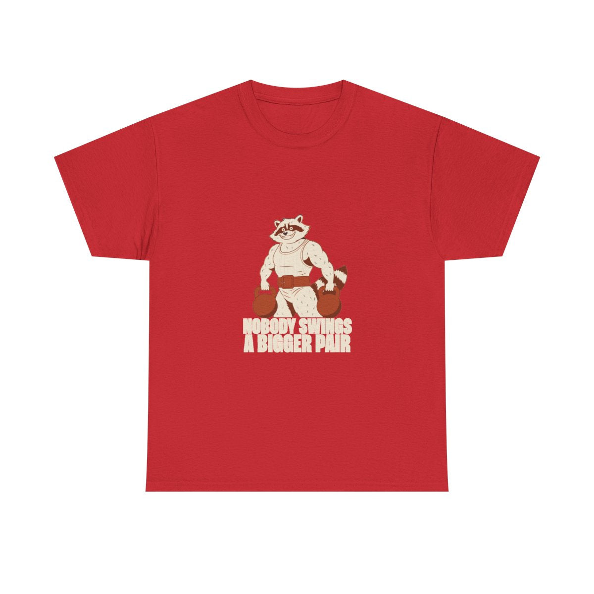 Bulking Season Kettlebell Raccoon Funny Gym Humor T-Shirt in Red – front