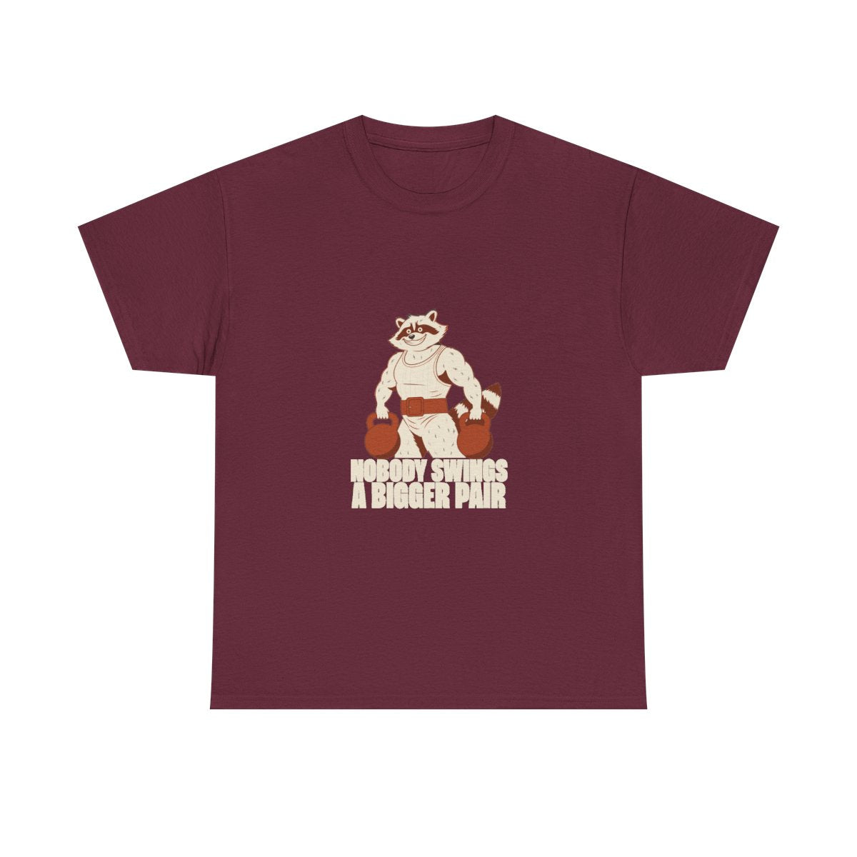 Bulking Season Kettlebell Raccoon Funny Gym Humor T-Shirt in Maroon – front