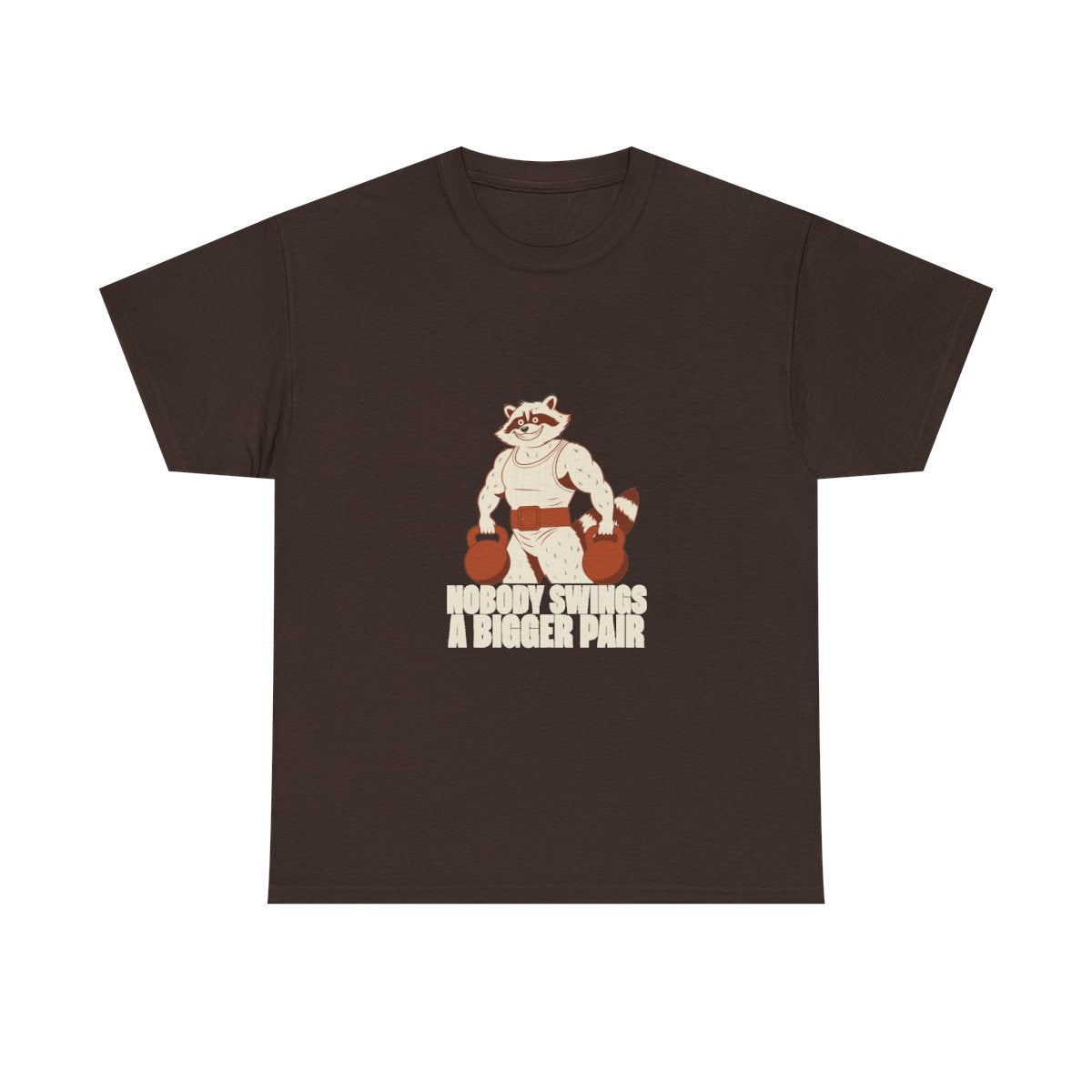 Bulking Season Kettlebell Raccoon Funny Gym Humor T-Shirt in Dark Chocolate – front