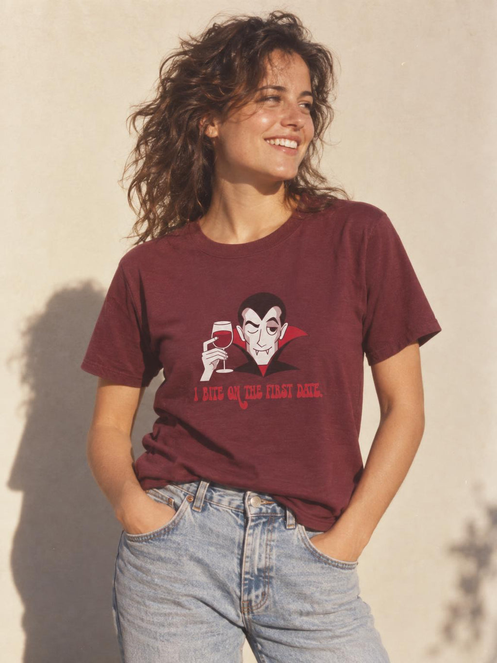 Funny Vampire Halloween I Bite On The First Date T-Shirt in Maroon – worn by a woman