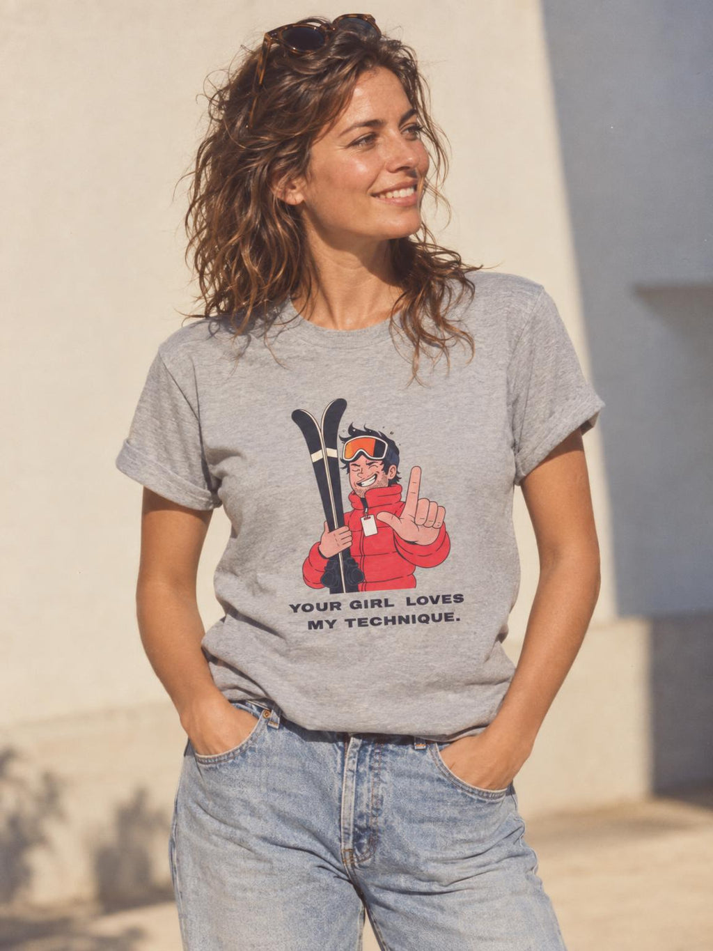 Funny Ski Instructor T-Shirt Your Girl Loves My Technique Tee in Sport Grey – worn by a woman