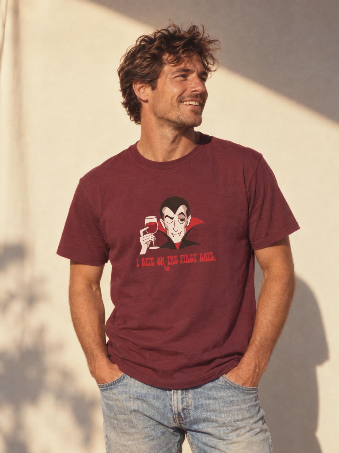 Funny Vampire Halloween I Bite On The First Date T-Shirt in Maroon – worn by a man