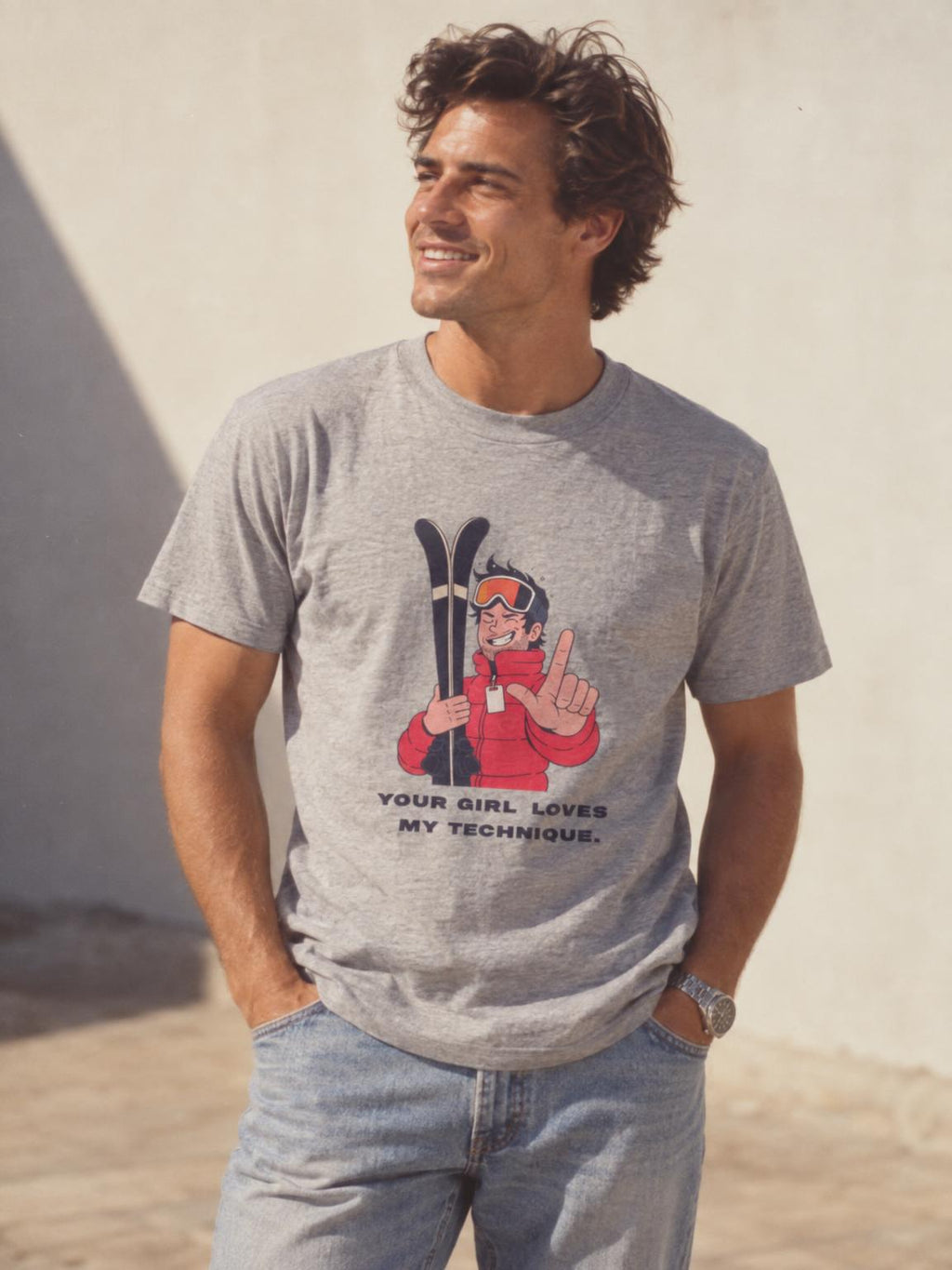 Funny Ski Instructor T-Shirt Your Girl Loves My Technique Tee in Sport Grey – worn by a man