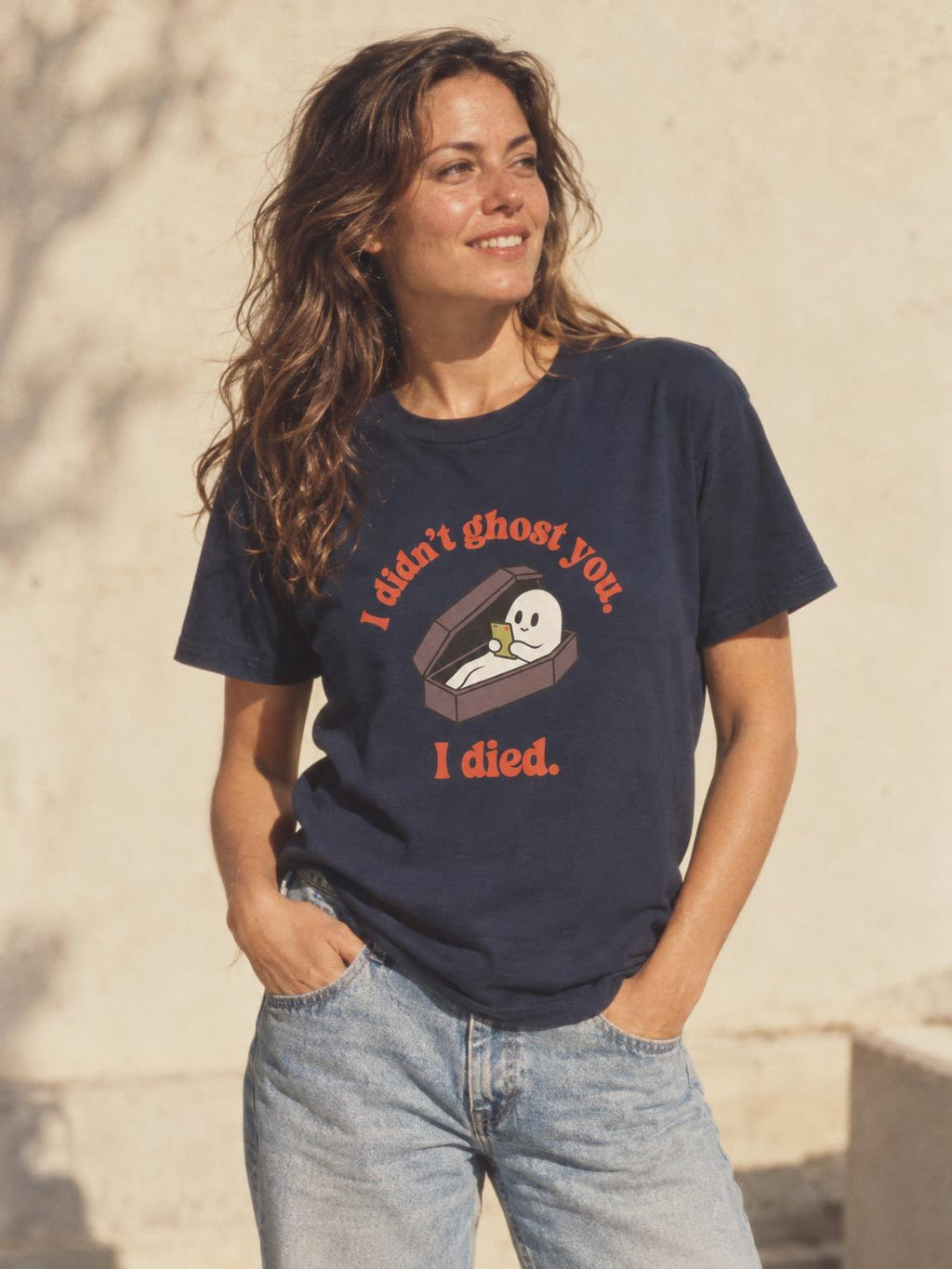 Ghost Coffin I Didn't Ghost You I Died Funny Halloween T-Shirt in Navy – worn by a woman