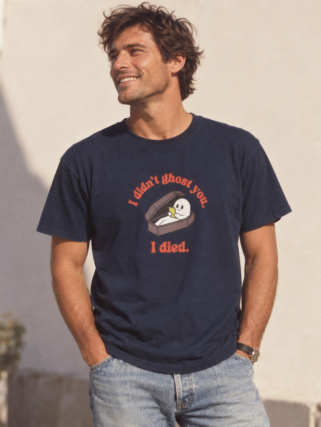 Ghost Coffin I Didn't Ghost You I Died Funny Halloween T-Shirt in Navy – worn by a man