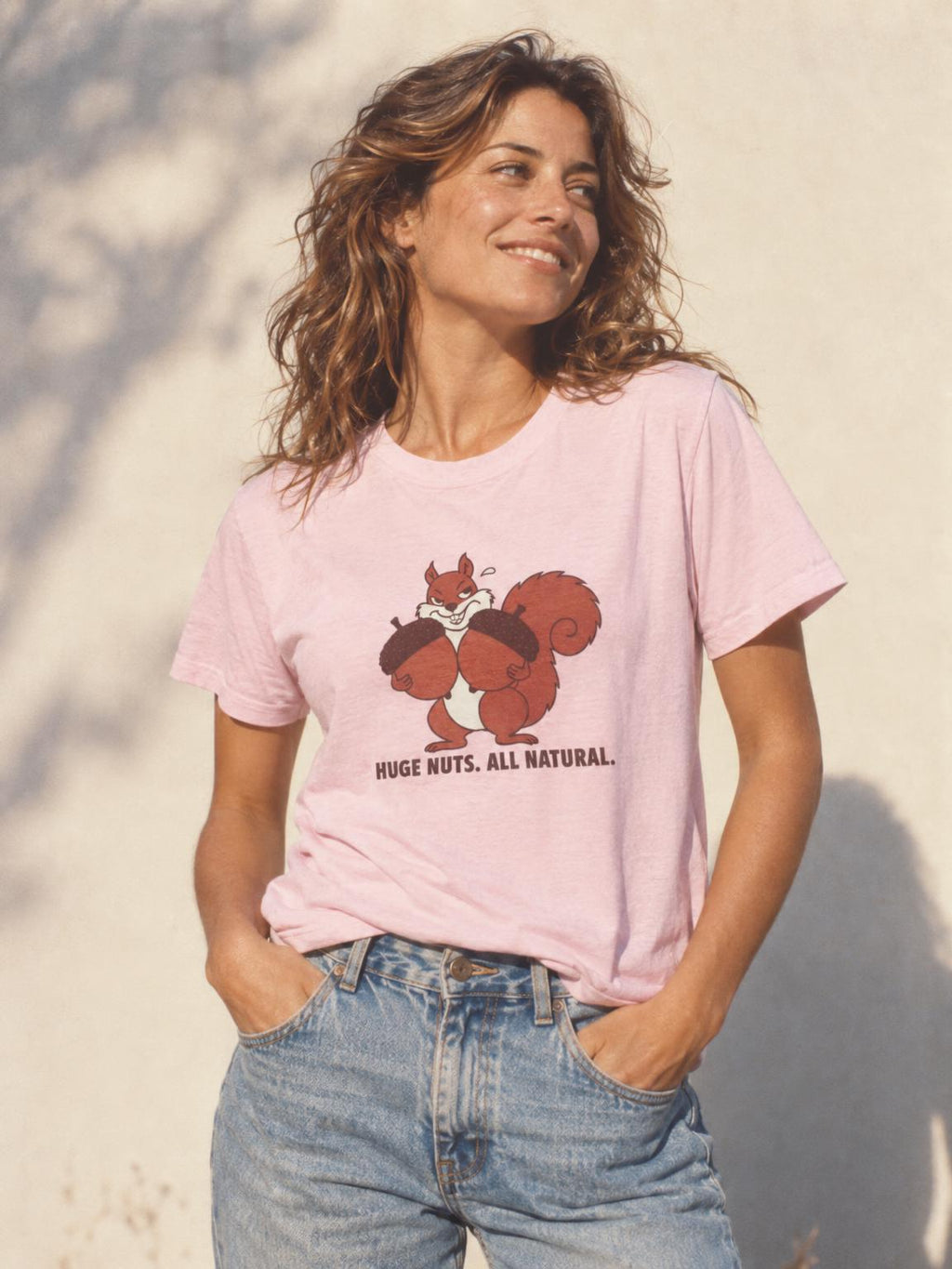 Squirrel Huge Nuts All Natural Funny Fall Innuendo T-Shirt in Light Pink – worn by a woman