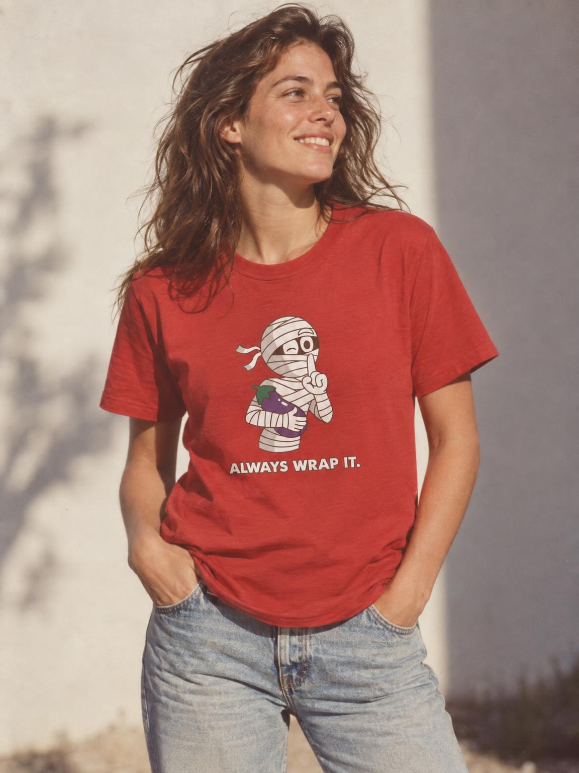 Mummy Always Wrap It Funny Halloween Innuendo T-Shirt in Red – worn by a woman