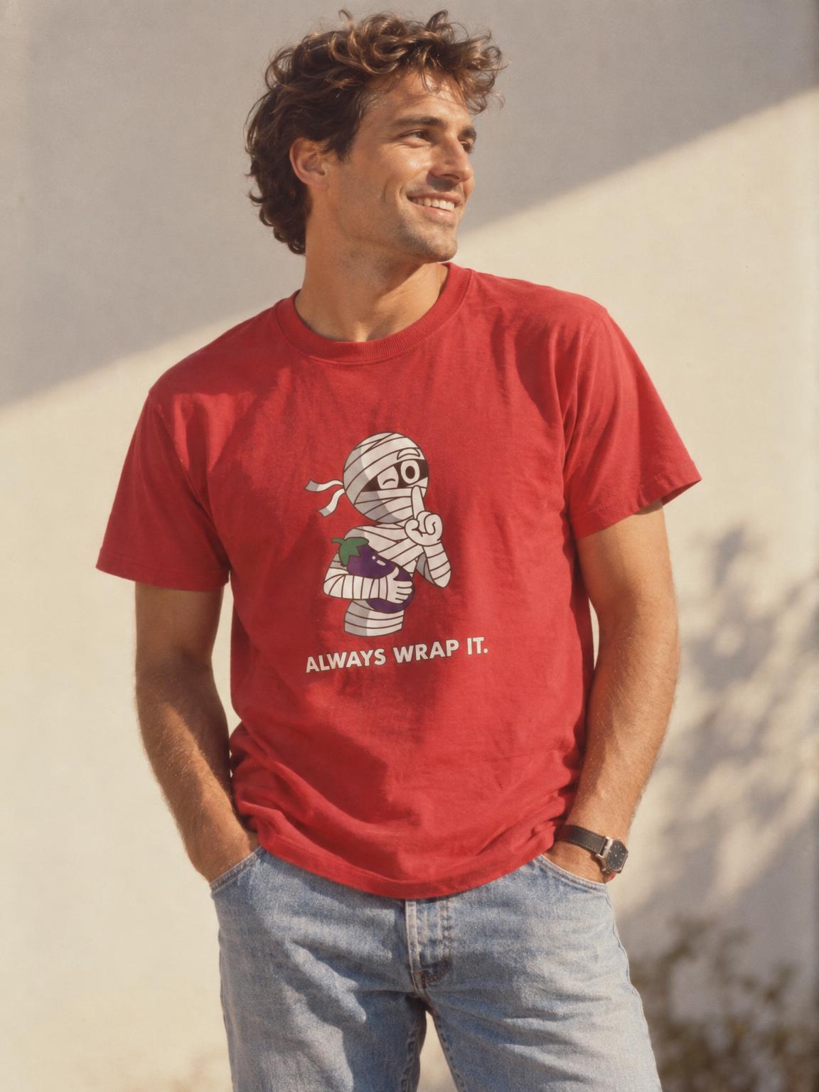 Mummy Always Wrap It Funny Halloween Innuendo T-Shirt in Red – worn by a man