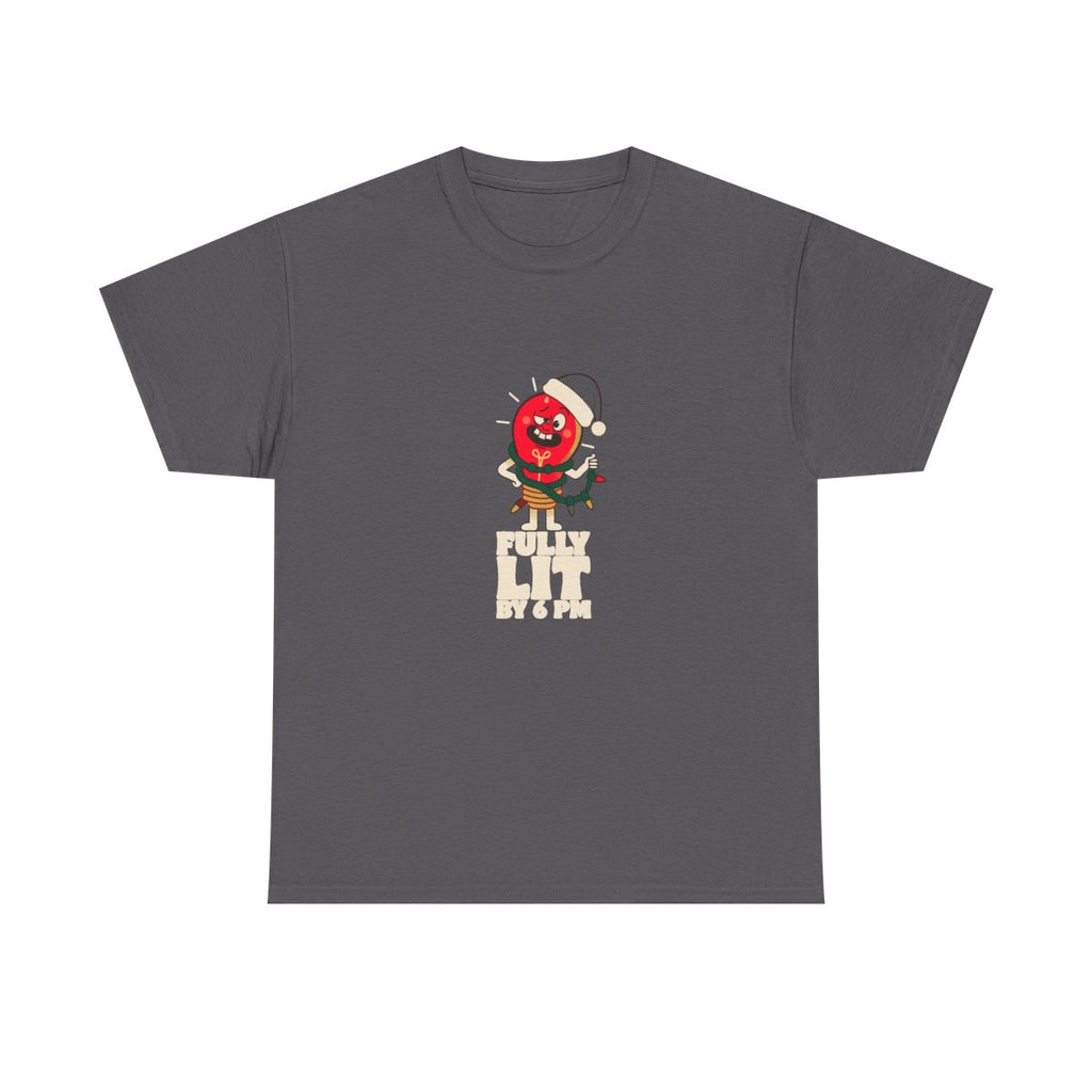 Fully Lit By 6 PM Funny Christmas Party T-Shirt in Charcoal – front