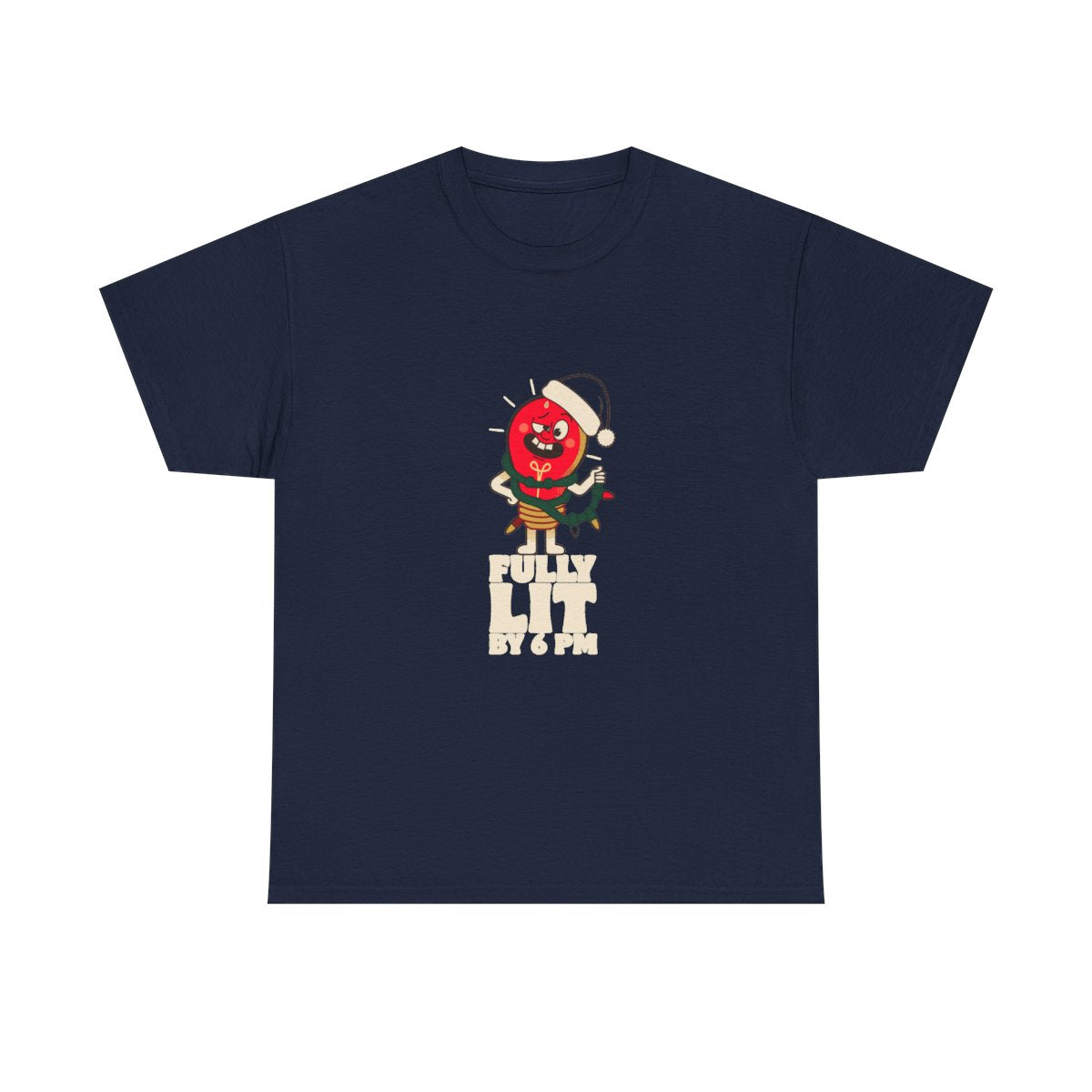 Fully Lit By 6 PM Funny Christmas Party T-Shirt in Navy – front