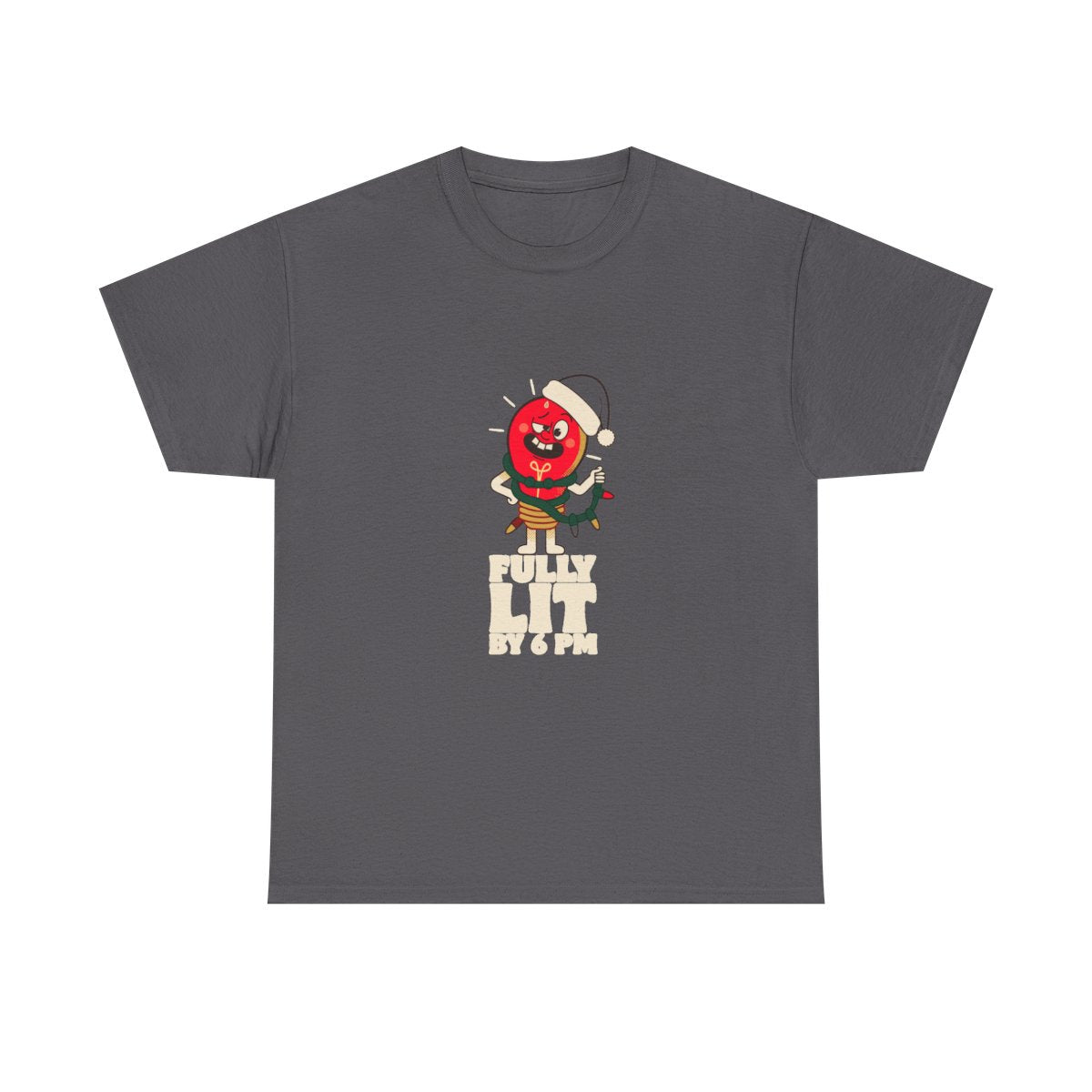 Fully Lit By 6 PM Funny Christmas Party T-Shirt in Charcoal – front