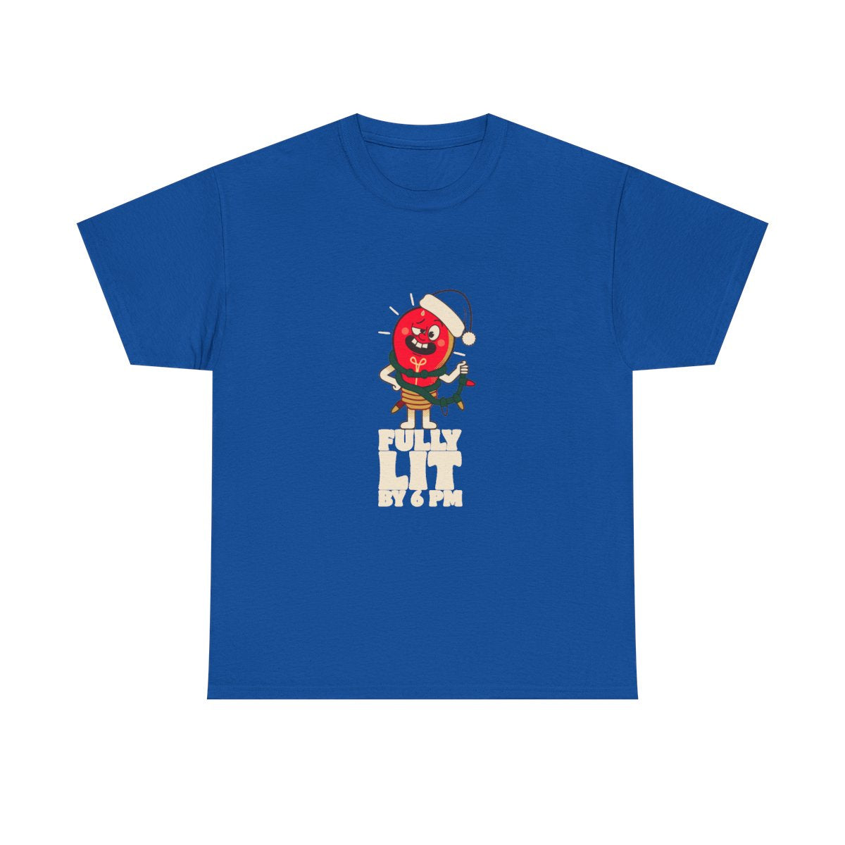 Fully Lit By 6 PM Funny Christmas Party T-Shirt in Royal – front