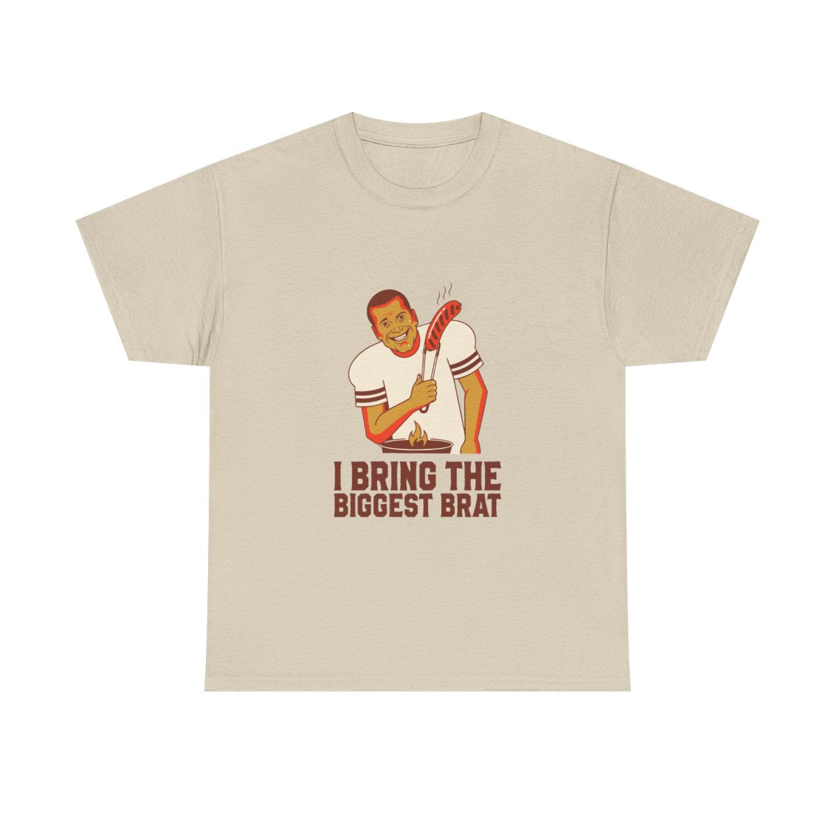 Funny BBQ Grilling T-Shirt - I Bring The Biggest Brat Tee in Sand – front