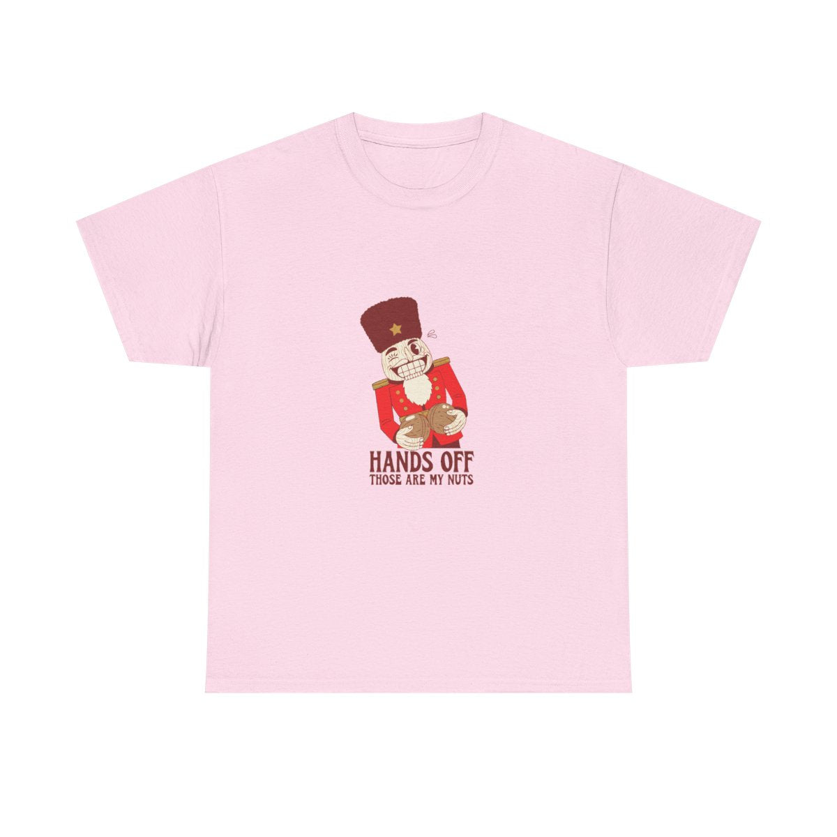 Funny Christmas Nutcracker Hands Off My Nuts T-Shirt in Light Pink – front