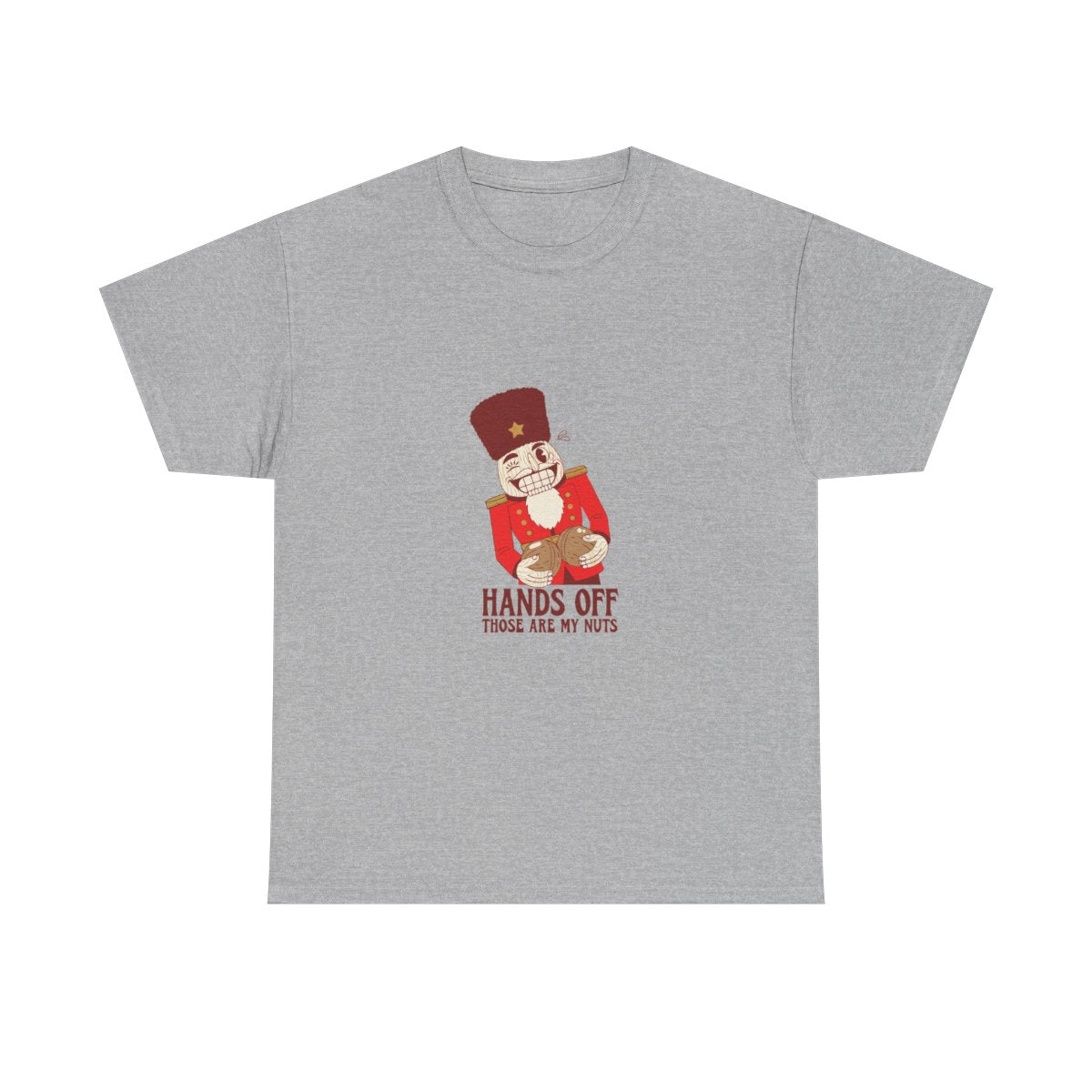 Funny Christmas Nutcracker Hands Off My Nuts T-Shirt in Sport Grey – front