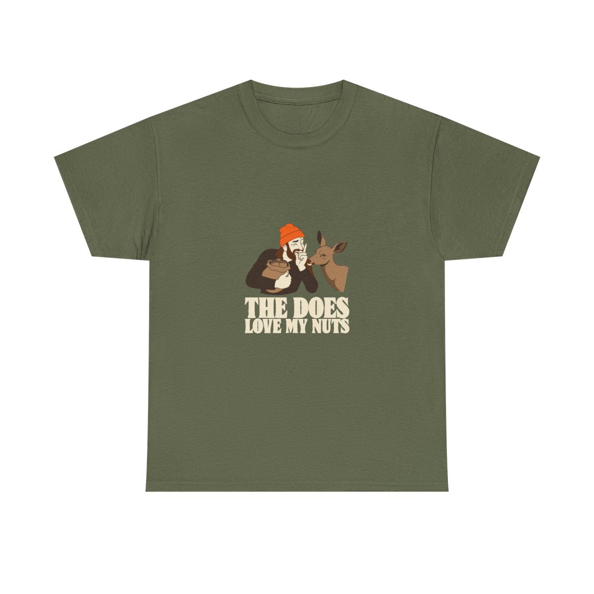 Funny Hunting Shirt The Does Love My Nuts Deer Camp Gift T-Shirt in Military Green – front