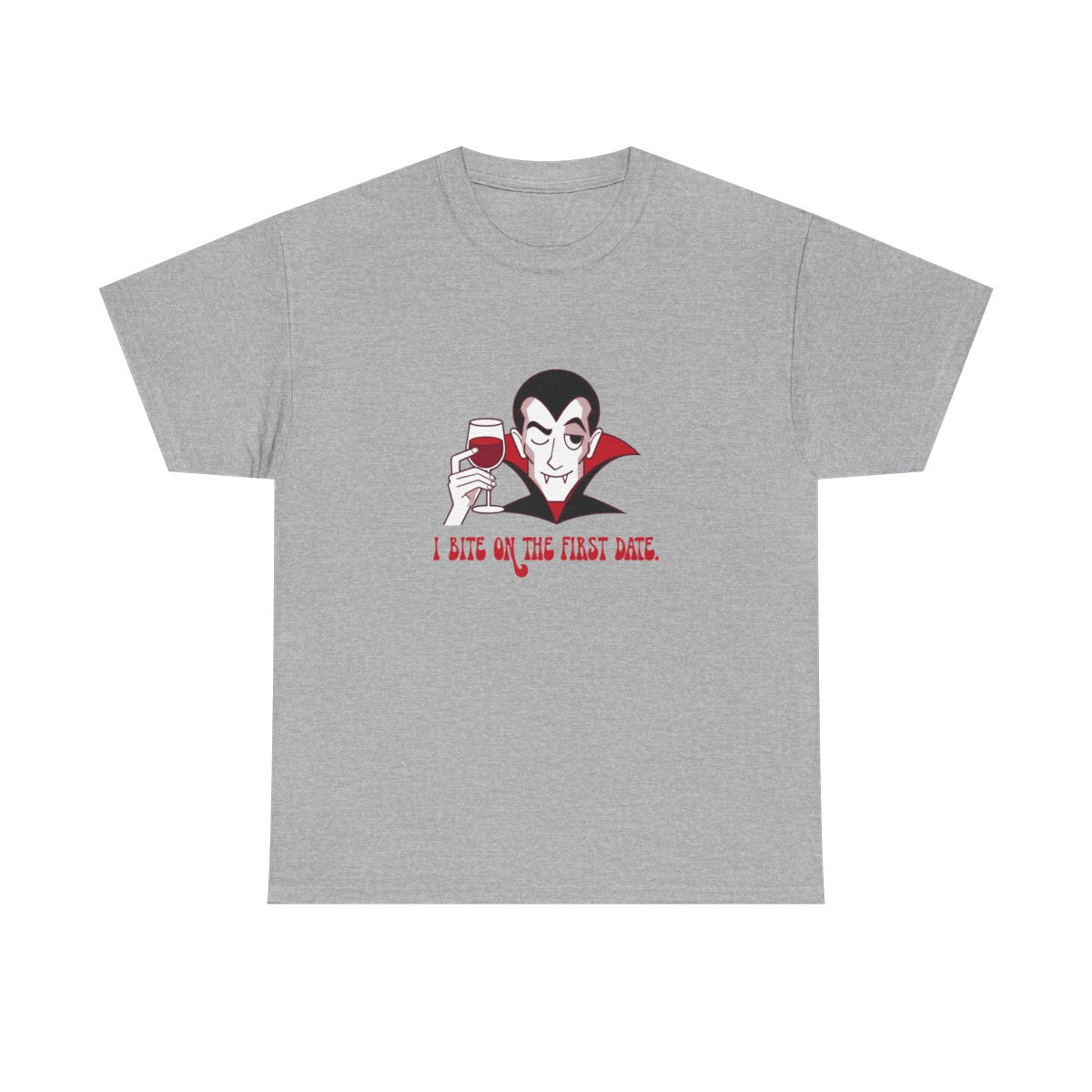 Funny Vampire Halloween I Bite On The First Date T-Shirt in Sport Grey – front