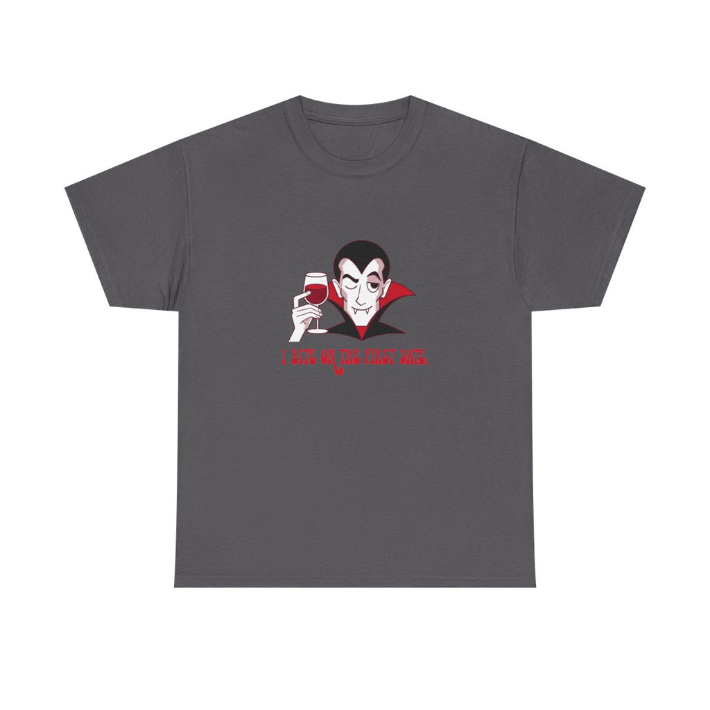 Funny Vampire Halloween I Bite On The First Date T-Shirt in Charcoal – front