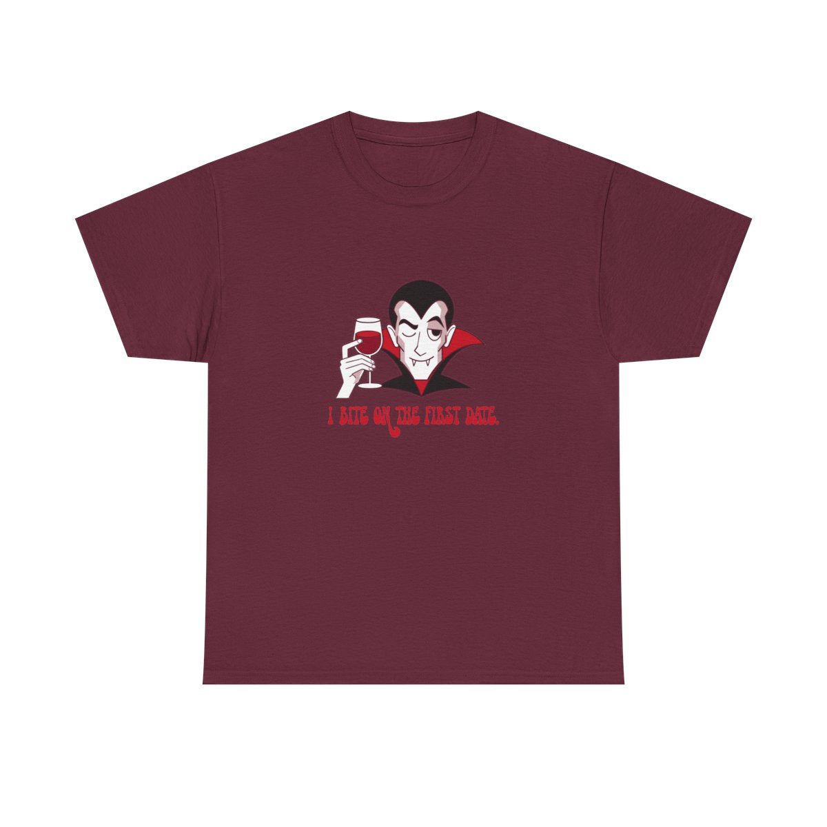 Funny Vampire Halloween I Bite On The First Date T-Shirt in Maroon – front