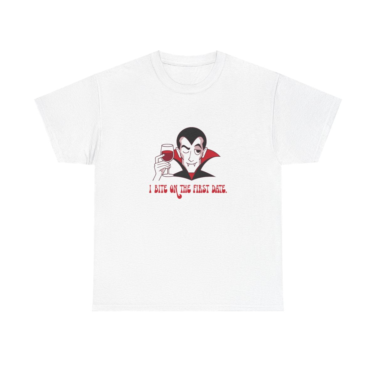 Funny Vampire Halloween I Bite On The First Date T-Shirt in White – front