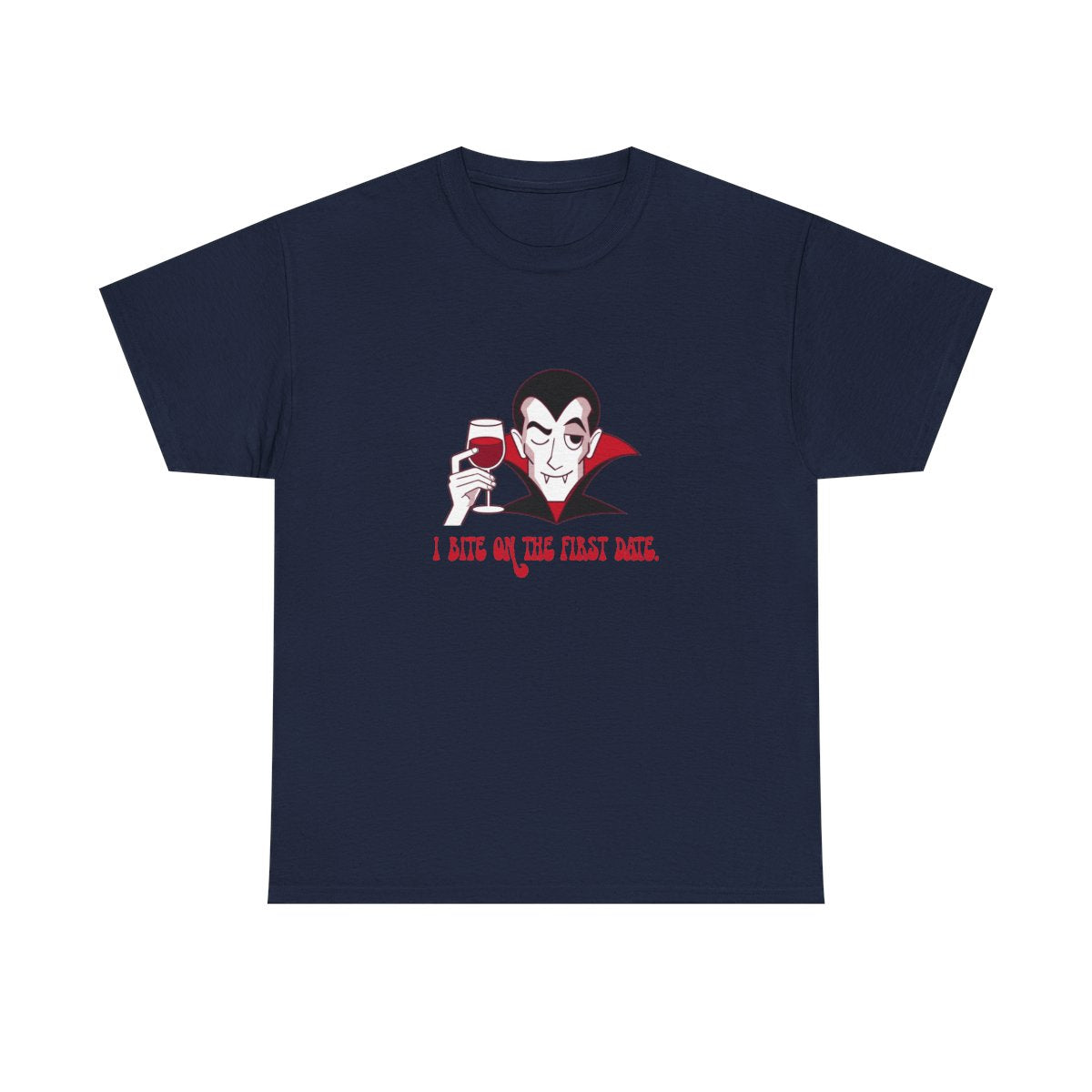 Funny Vampire Halloween I Bite On The First Date T-Shirt in Navy – front