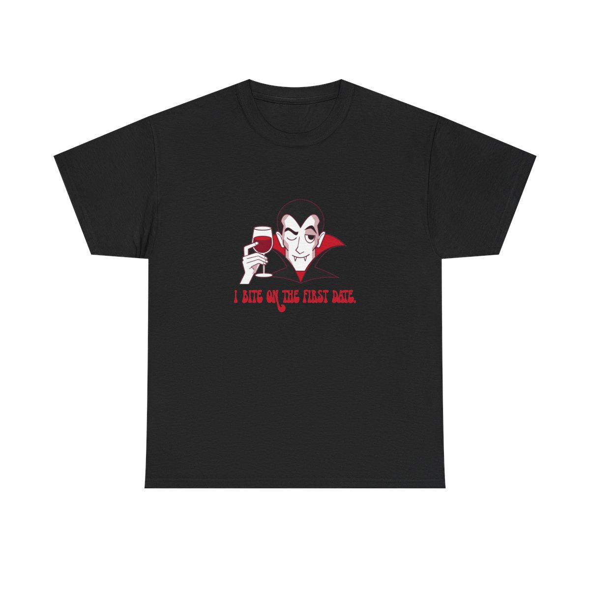 Funny Vampire Halloween I Bite On The First Date T-Shirt in Black – front