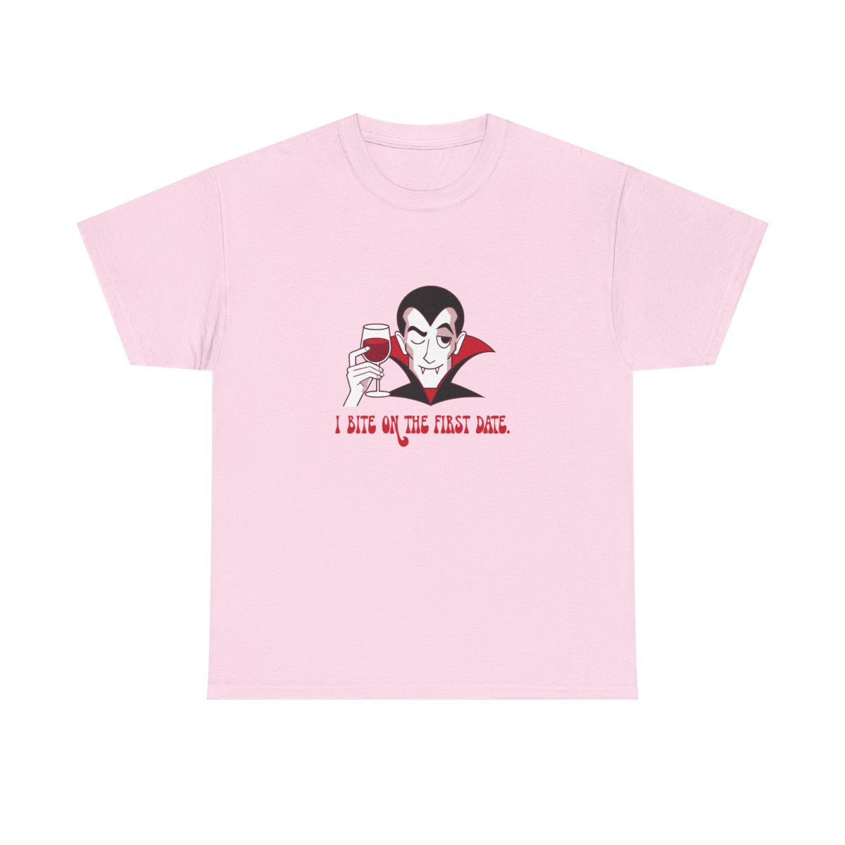 Funny Vampire Halloween I Bite On The First Date T-Shirt in Light Pink – front