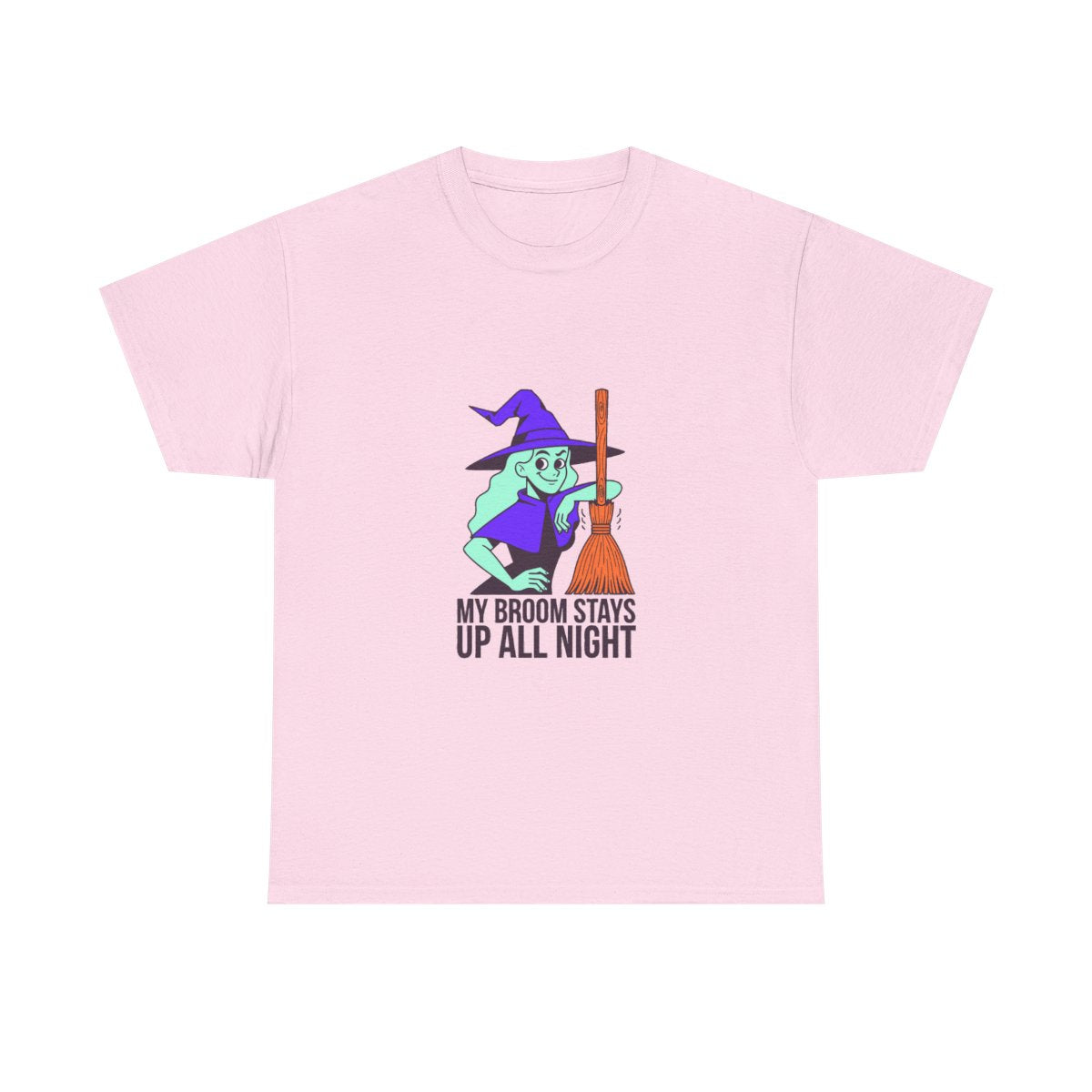 Funny Witch Broom Halloween Adult Humor T-Shirt in Light Pink – front