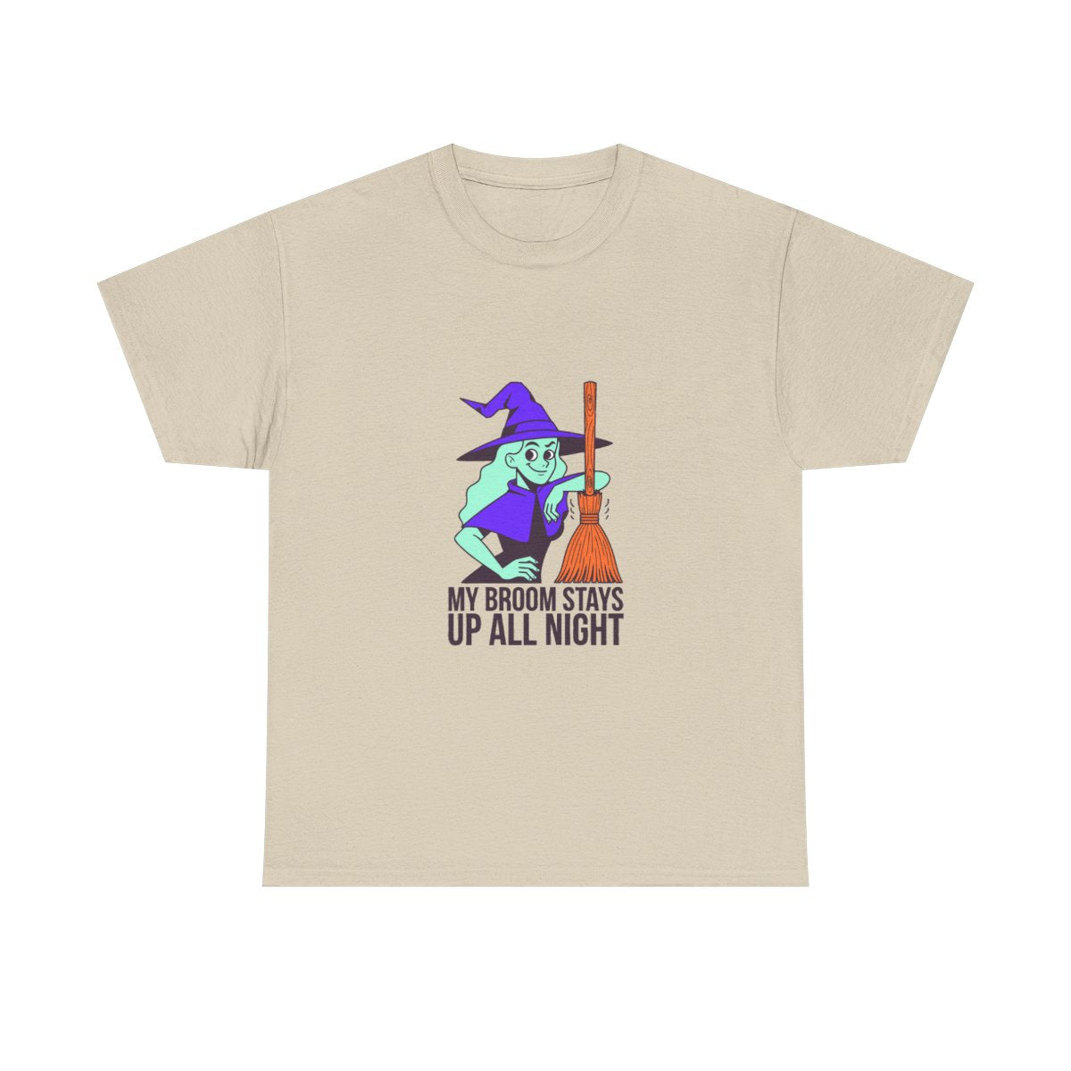 Funny Witch Broom Halloween Adult Humor T-Shirt in Sand – front