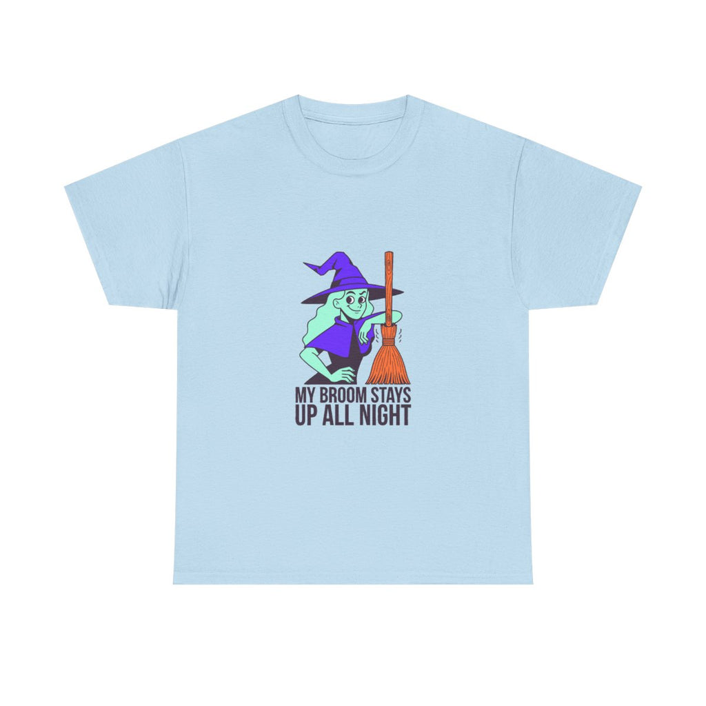 Funny Witch Broom Halloween Adult Humor T-Shirt in Light Blue – front