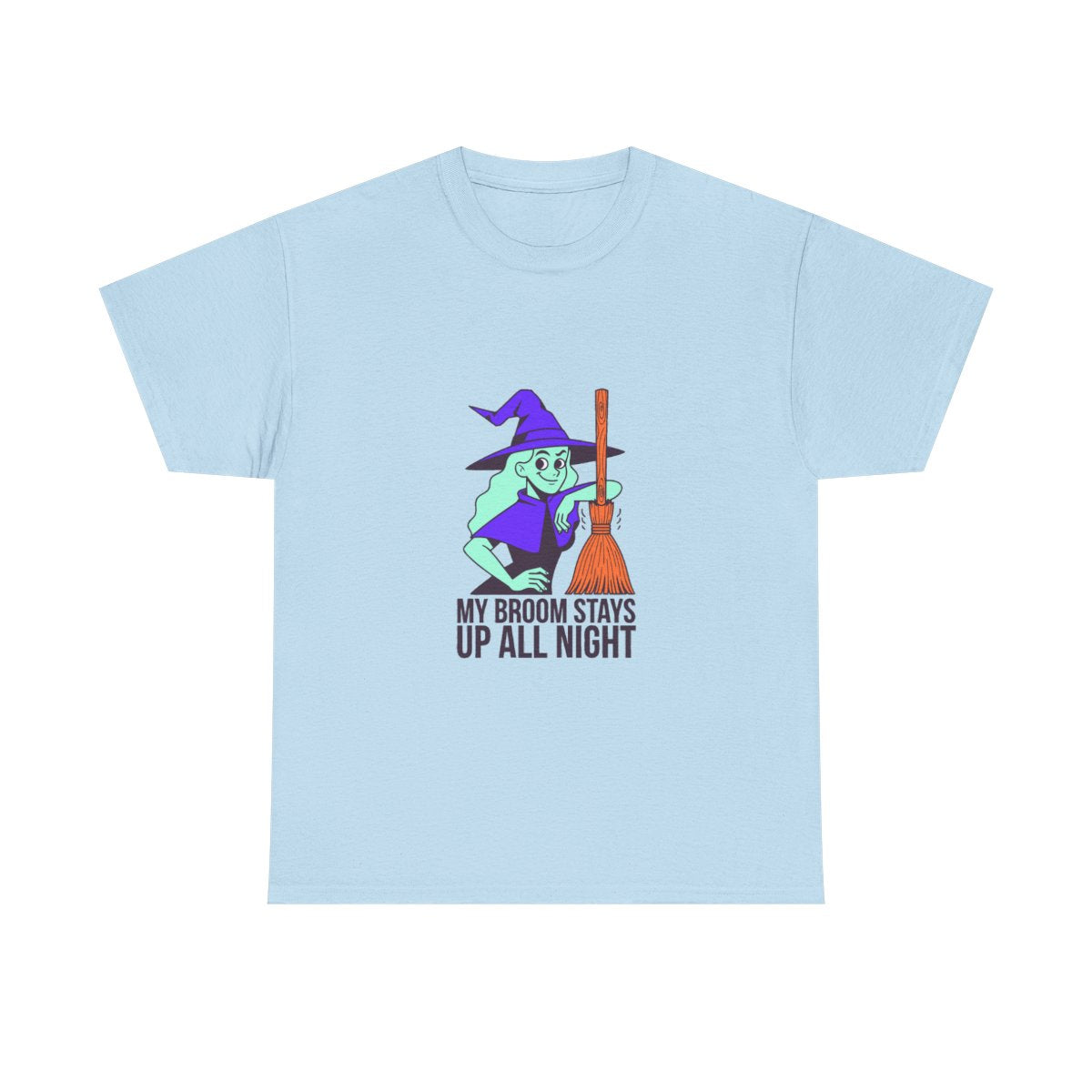 Funny Witch Broom Halloween Adult Humor T-Shirt in Light Blue – front