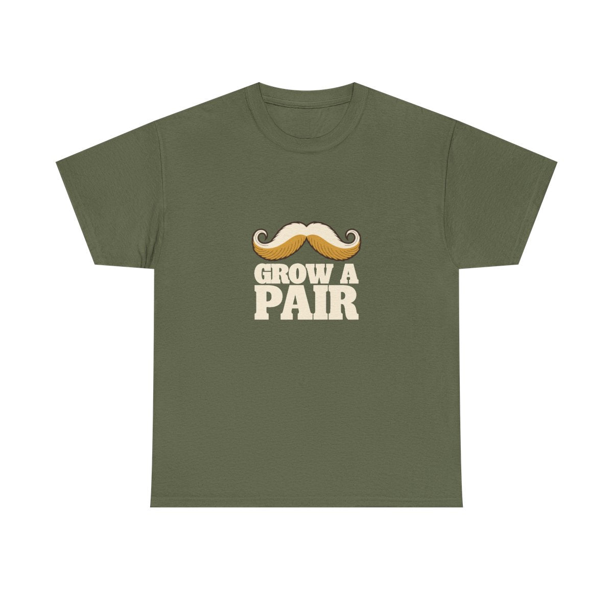 Mustache T-Shirt Grow A Pair Funny Handlebar Moustache T-Shirt in Military Green – front