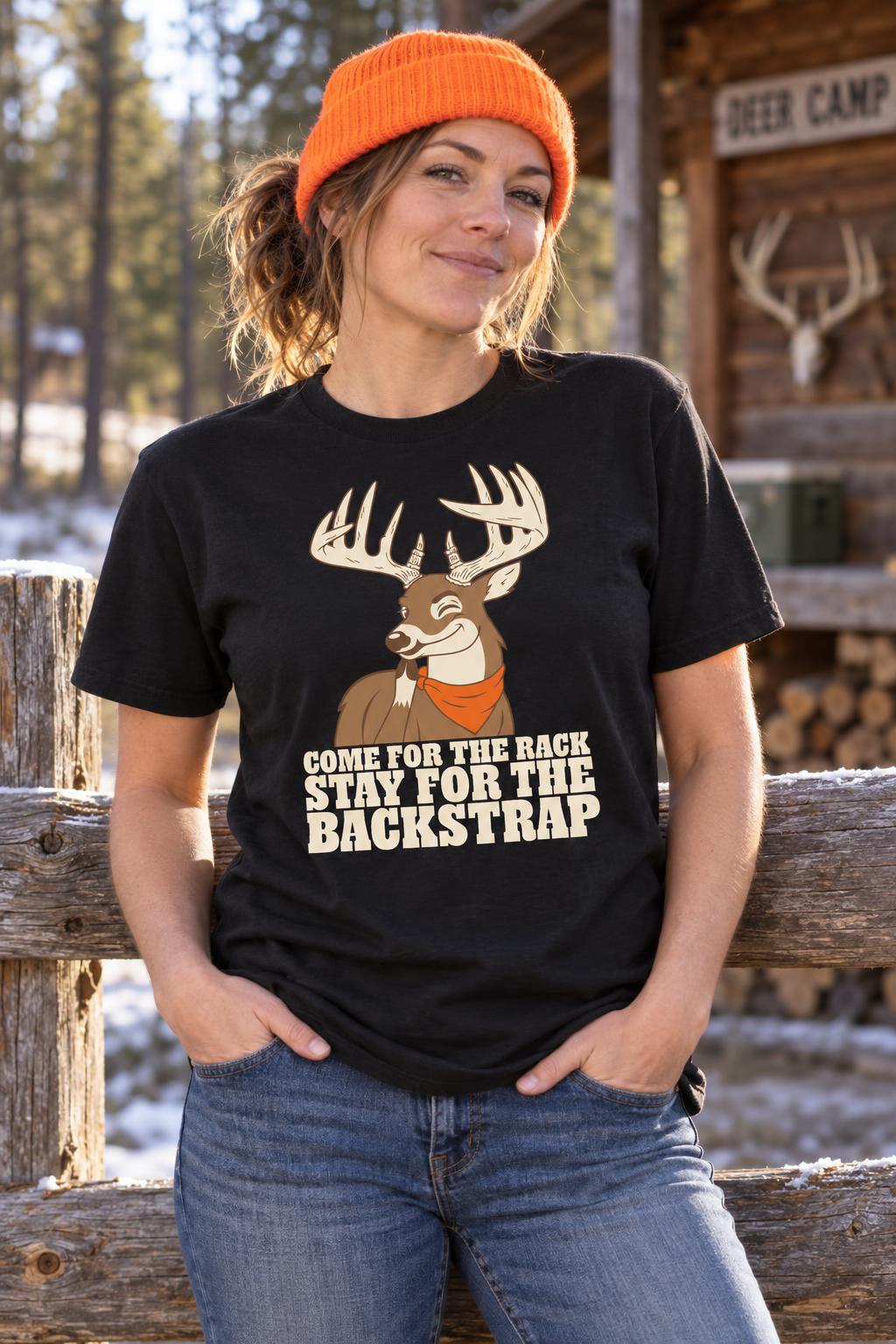 Funny Hunting Shirt Come For The Rack Deer Buck Gift T-Shirt in Black – worn by a woman