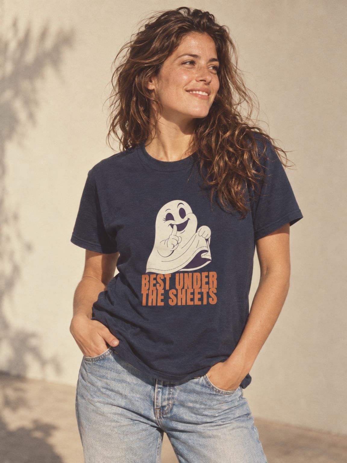 Funny Halloween Ghost Best Under The Sheets T-Shirt in Navy – worn by a woman