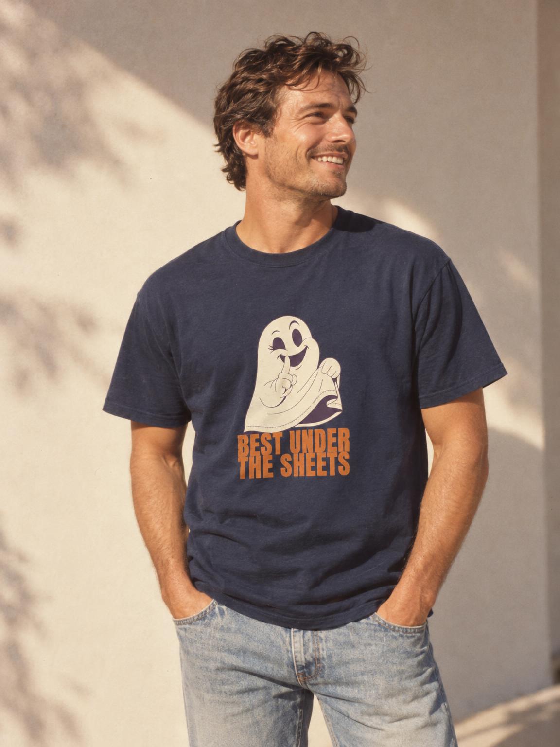 Funny Halloween Ghost Best Under The Sheets T-Shirt in Navy – worn by a man