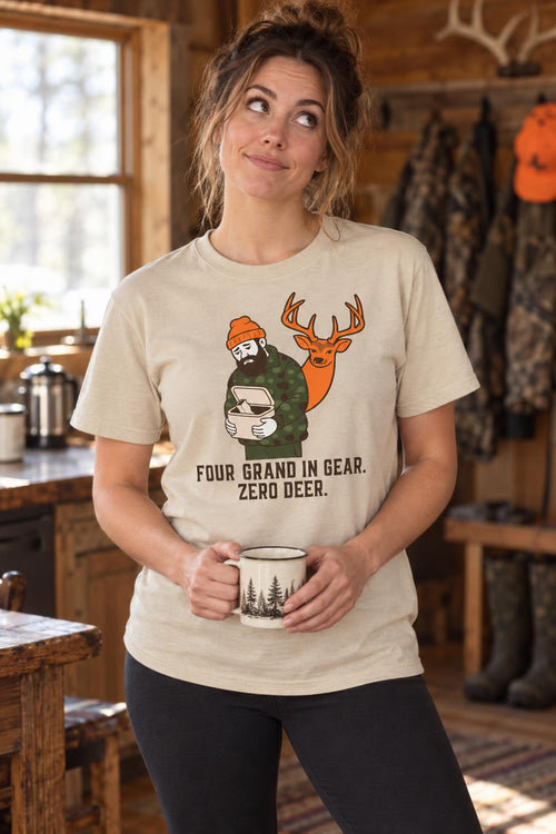 Funny Hunting Shirt Four Grand In Gear Zero Deer Gift T-Shirt in Sand – worn by a woman