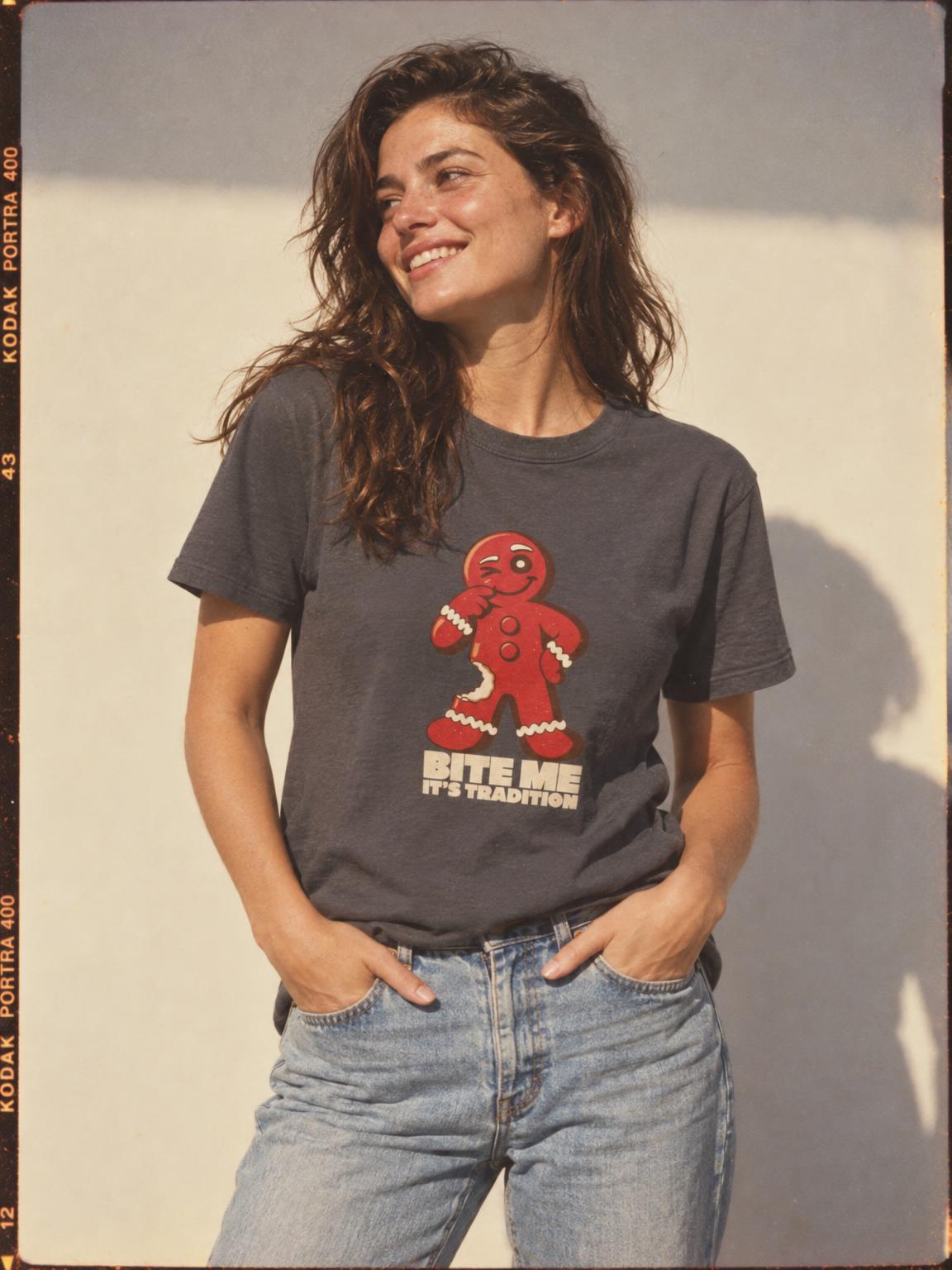 Bite Me It's Tradition Funny Gingerbread Christmas T-Shirt in Charcoal – worn by a woman